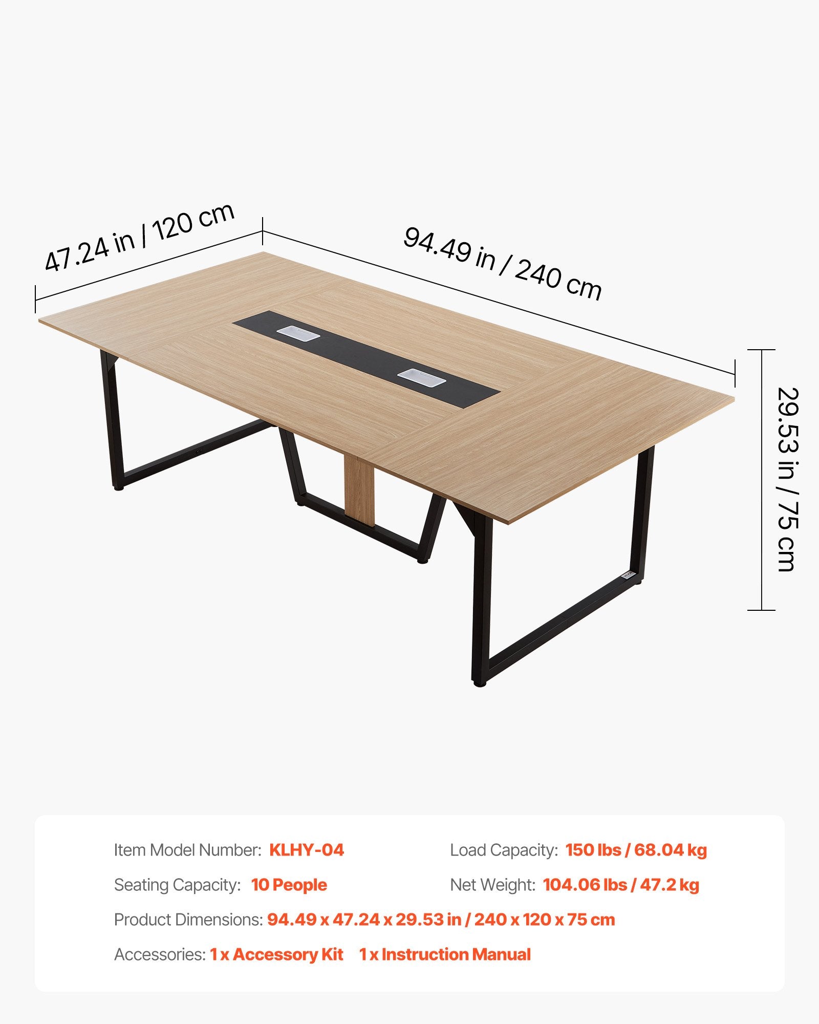 8 ft Modern Conference Table with Metal Legs, Seats 10, Ideal for Office, Boardroom, Easy Assembly, Large Seminar Desk, Brown