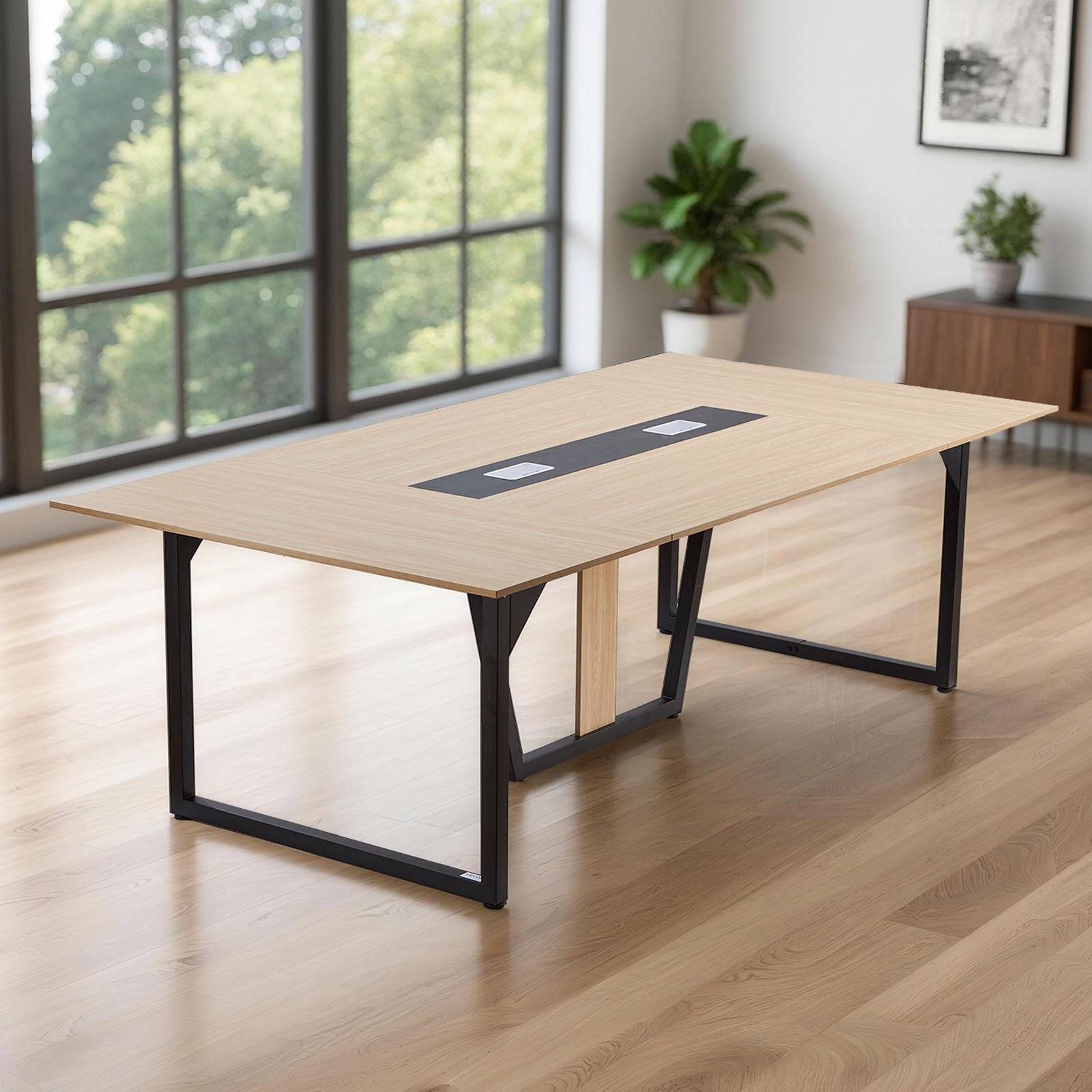 8 ft Modern Conference Table with Metal Legs, Seats 10, Ideal for Office, Boardroom, Easy Assembly, Large Seminar Desk, Brown