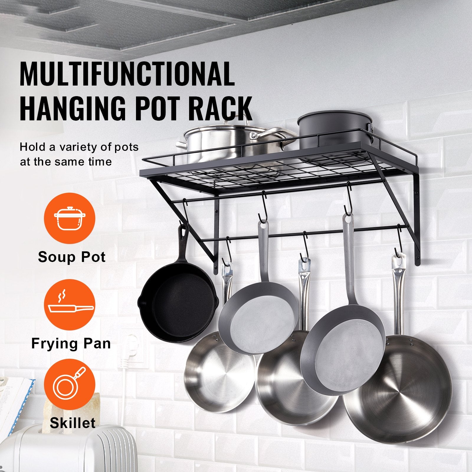 24-Inch Wall Mounted Pot Rack with 12 S Hooks, Heavy Duty 55 lbs Load Capacity for Kitchen Cookware, Utensils, and Pans Hanging Storage