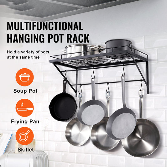 24-Inch Wall Mounted Pot Rack with 12 S Hooks, Heavy Duty 55 lbs Load Capacity for Kitchen Cookware, Utensils, and Pans Hanging Storage