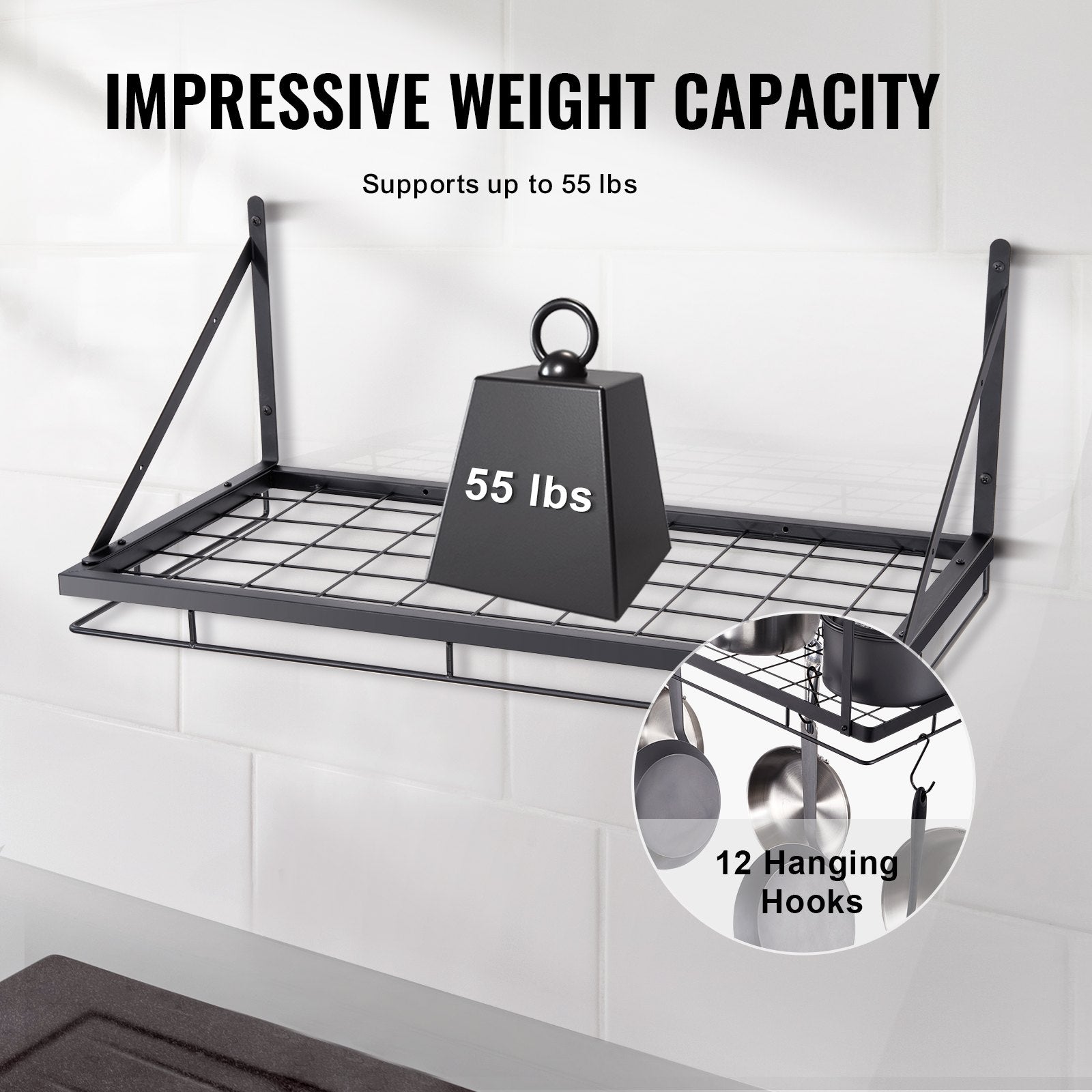 24-Inch Wall Mounted Pot Rack with 12 S Hooks, Heavy Duty 55 lbs Load Capacity for Kitchen Cookware, Utensils, and Pans Hanging Storage