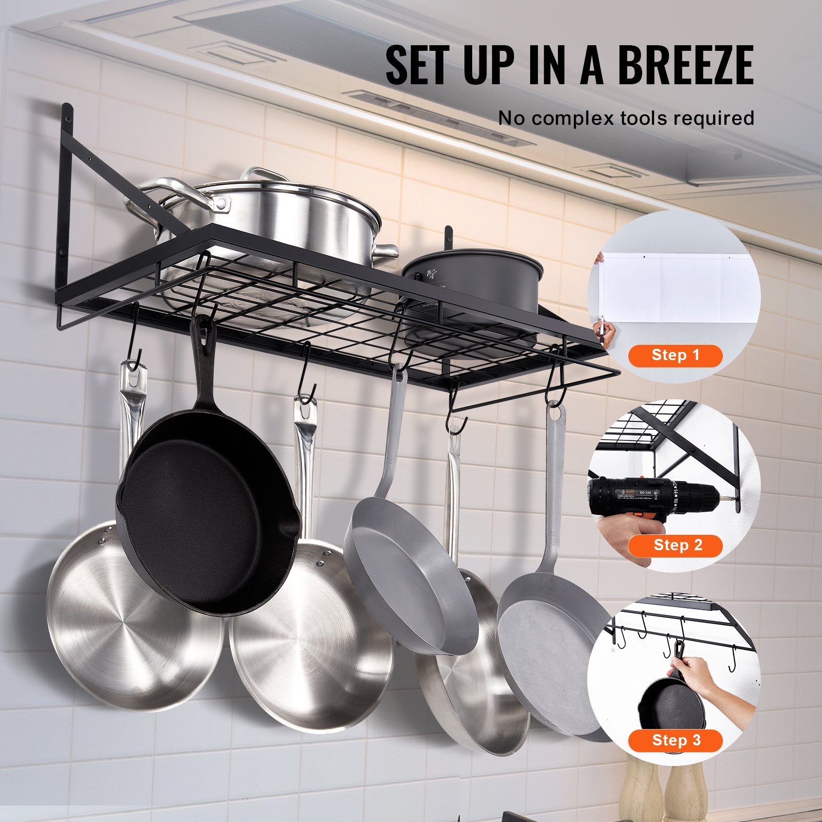 24-Inch Wall Mounted Pot Rack with 12 S Hooks, Heavy Duty 55 lbs Load Capacity for Kitchen Cookware, Utensils, and Pans Hanging Storage
