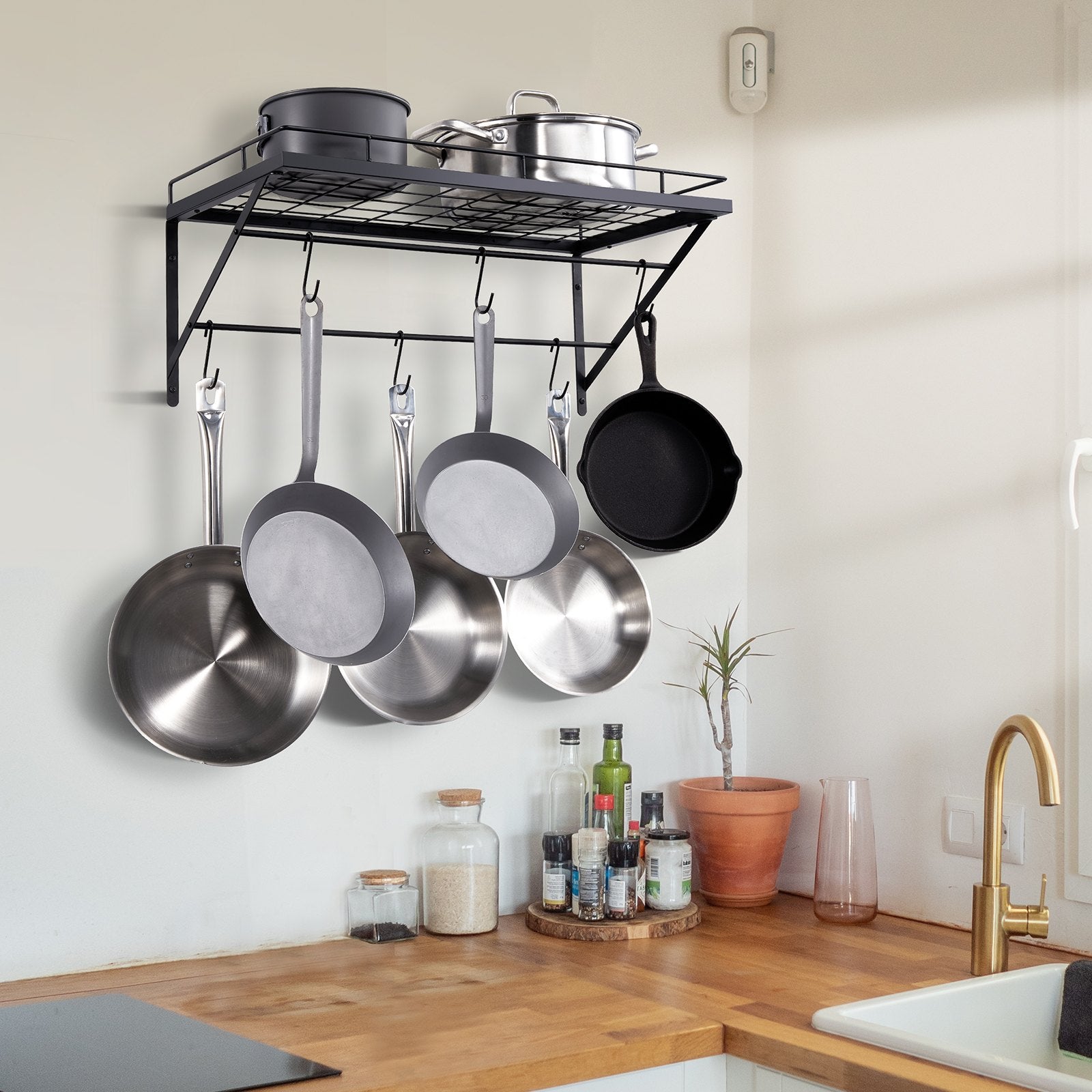 24-Inch Wall Mounted Pot Rack with 12 S Hooks, Heavy Duty 55 lbs Load Capacity for Kitchen Cookware, Utensils, and Pans Hanging Storage