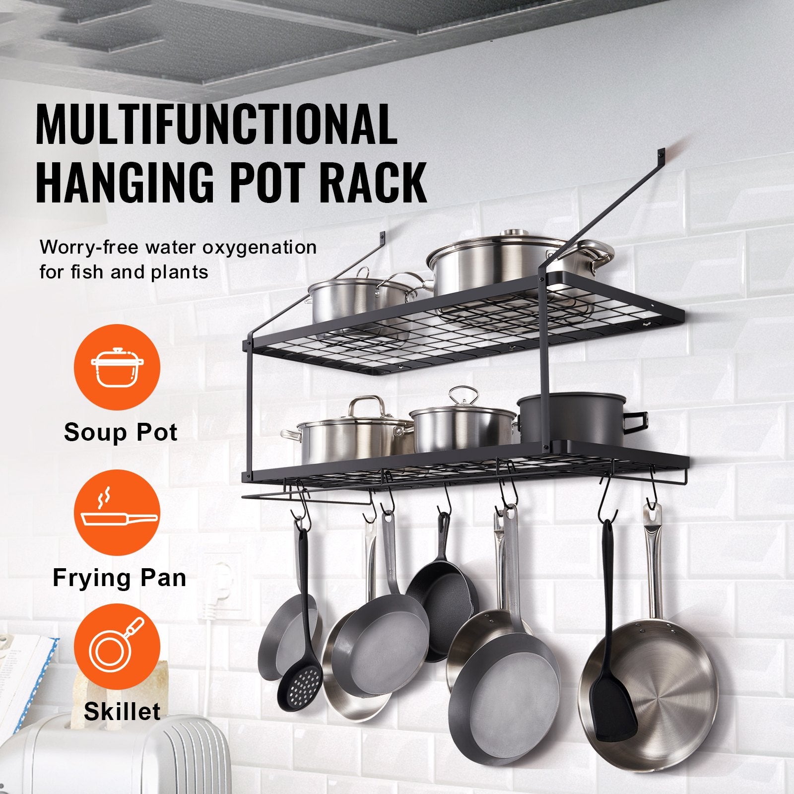 30" Wall Mounted Pot Rack with 12 S Hooks, Heavy-Duty Carbon Steel Hanger for Pans, Utensils, Cookware - 55 lbs Capacity, Easy Install