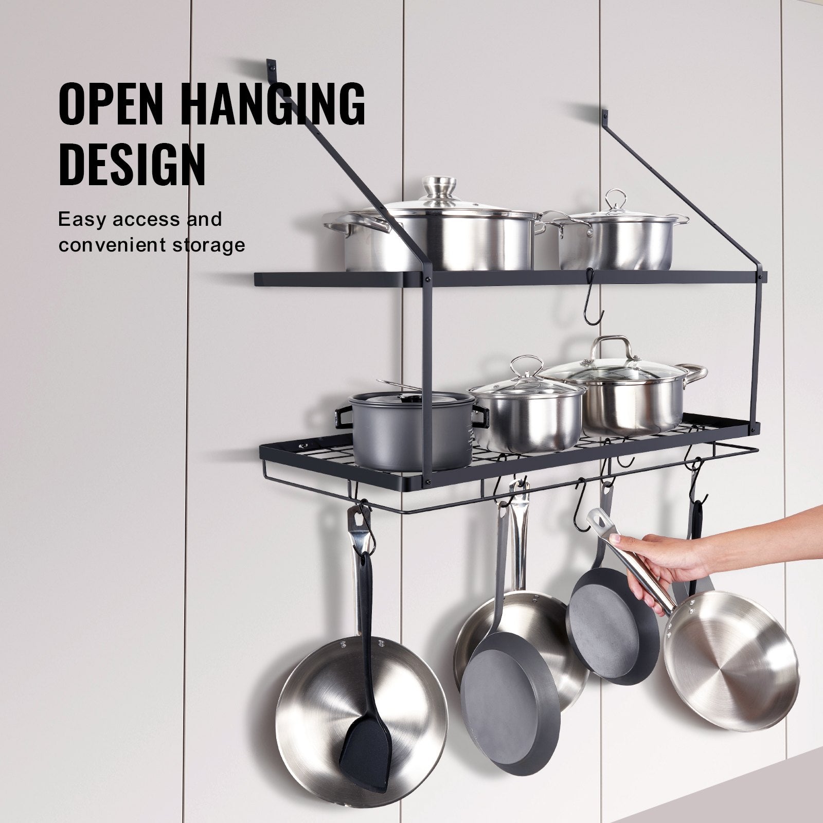 30" Wall Mounted Pot Rack with 12 S Hooks, Heavy-Duty Carbon Steel Hanger for Pans, Utensils, Cookware - 55 lbs Capacity, Easy Install