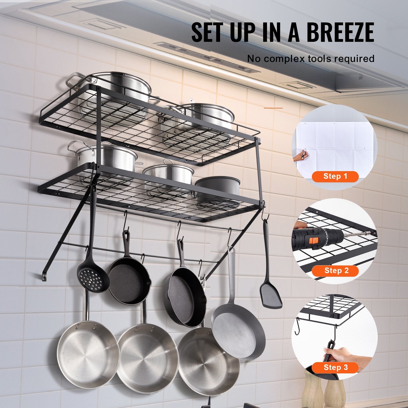 30" Wall Mounted Pot Rack with 12 S Hooks, Heavy-Duty Carbon Steel Hanger for Pans, Utensils, Cookware - 55 lbs Capacity, Easy Install