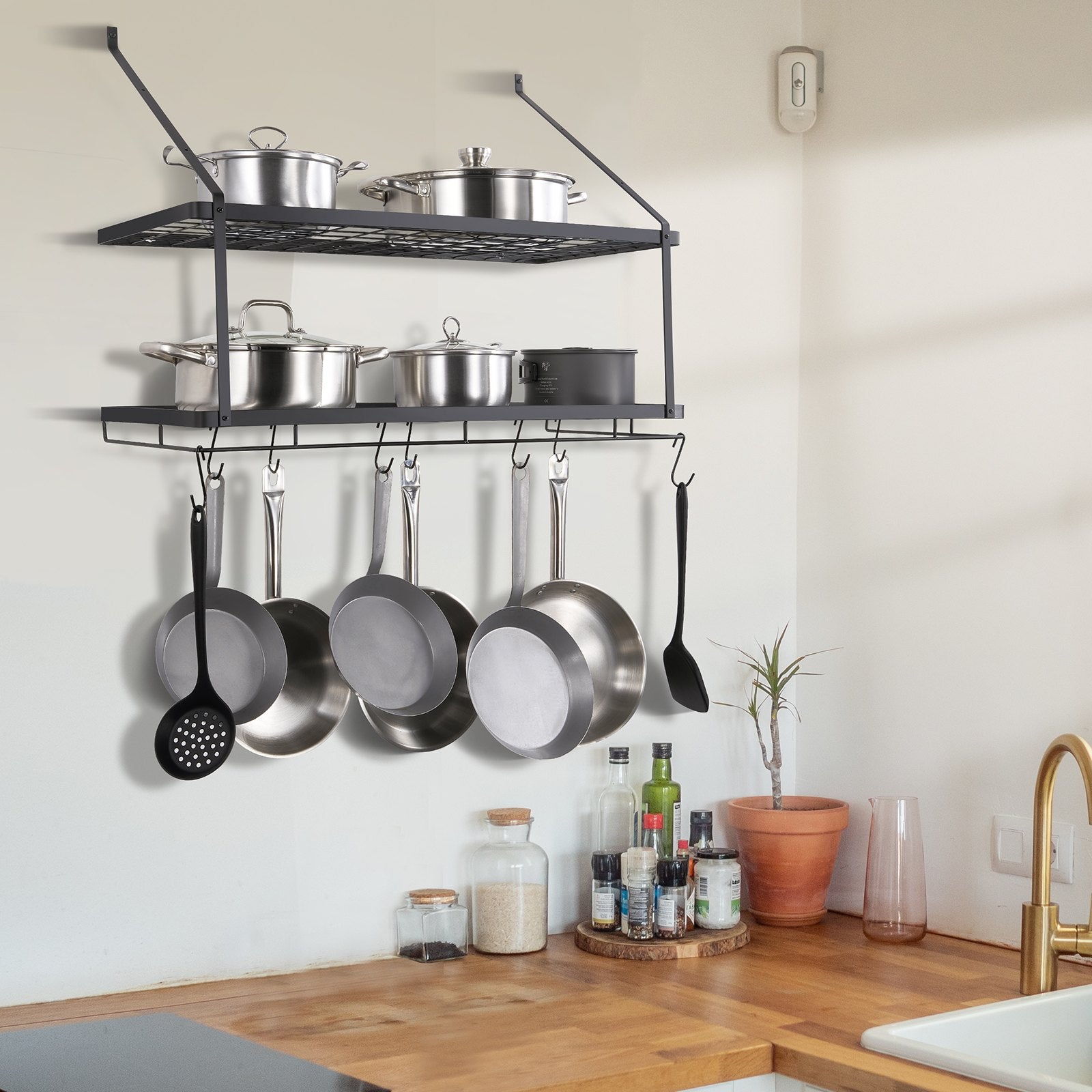 30" Wall Mounted Pot Rack with 12 S Hooks, Heavy-Duty Carbon Steel Hanger for Pans, Utensils, Cookware - 55 lbs Capacity, Easy Install