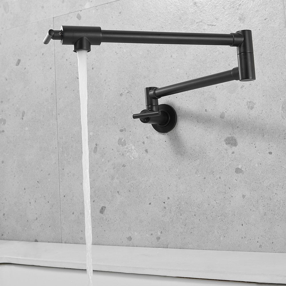 VEVOR Pot Filler Faucet, Solid Brass Commercial Wall Mount Kitchen Stove Faucet with Matte Black Finish, Folding Restaurant Sink Faucet with Double Joint Swing Arm & 2 Handles 24.4\"