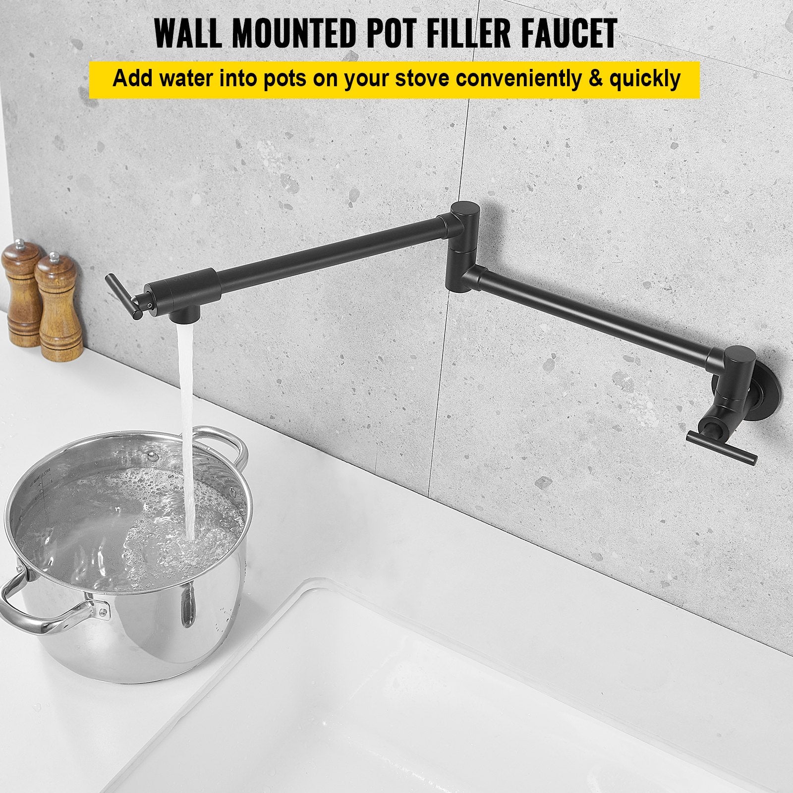 Commercial Wall Mount Pot Filler Faucet - 24.4" Matte Black Solid Brass, Folding Double Joint Swing Arm, 2 Handles, Easy Install, 2.2 GPM Flow Rate