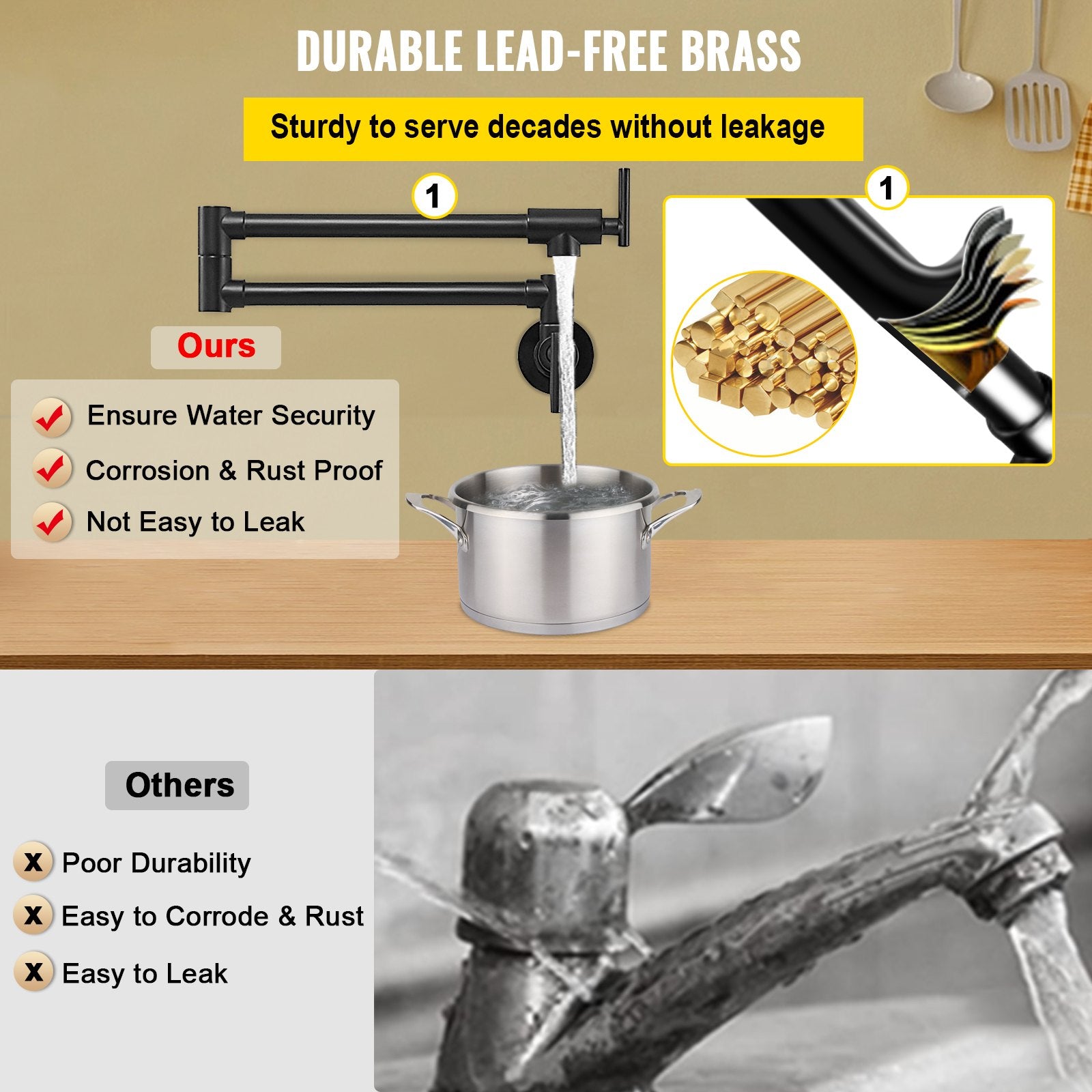 Commercial Wall Mount Pot Filler Faucet - 24.4" Matte Black Solid Brass, Folding Double Joint Swing Arm, 2 Handles, Easy Install, 2.2 GPM Flow Rate