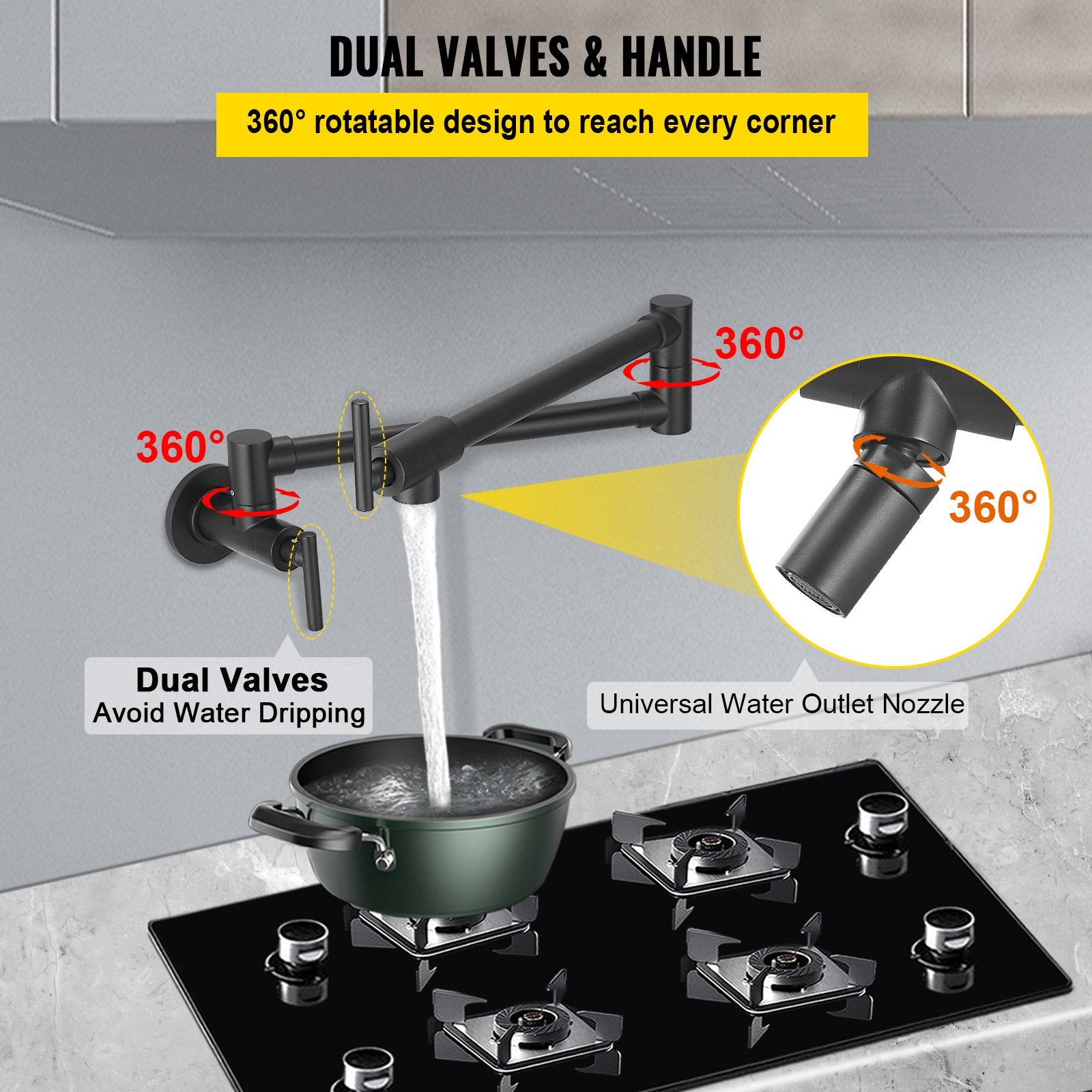 Commercial Wall Mount Pot Filler Faucet - 24.4" Matte Black Solid Brass, Folding Double Joint Swing Arm, 2 Handles, Easy Install, 2.2 GPM Flow Rate