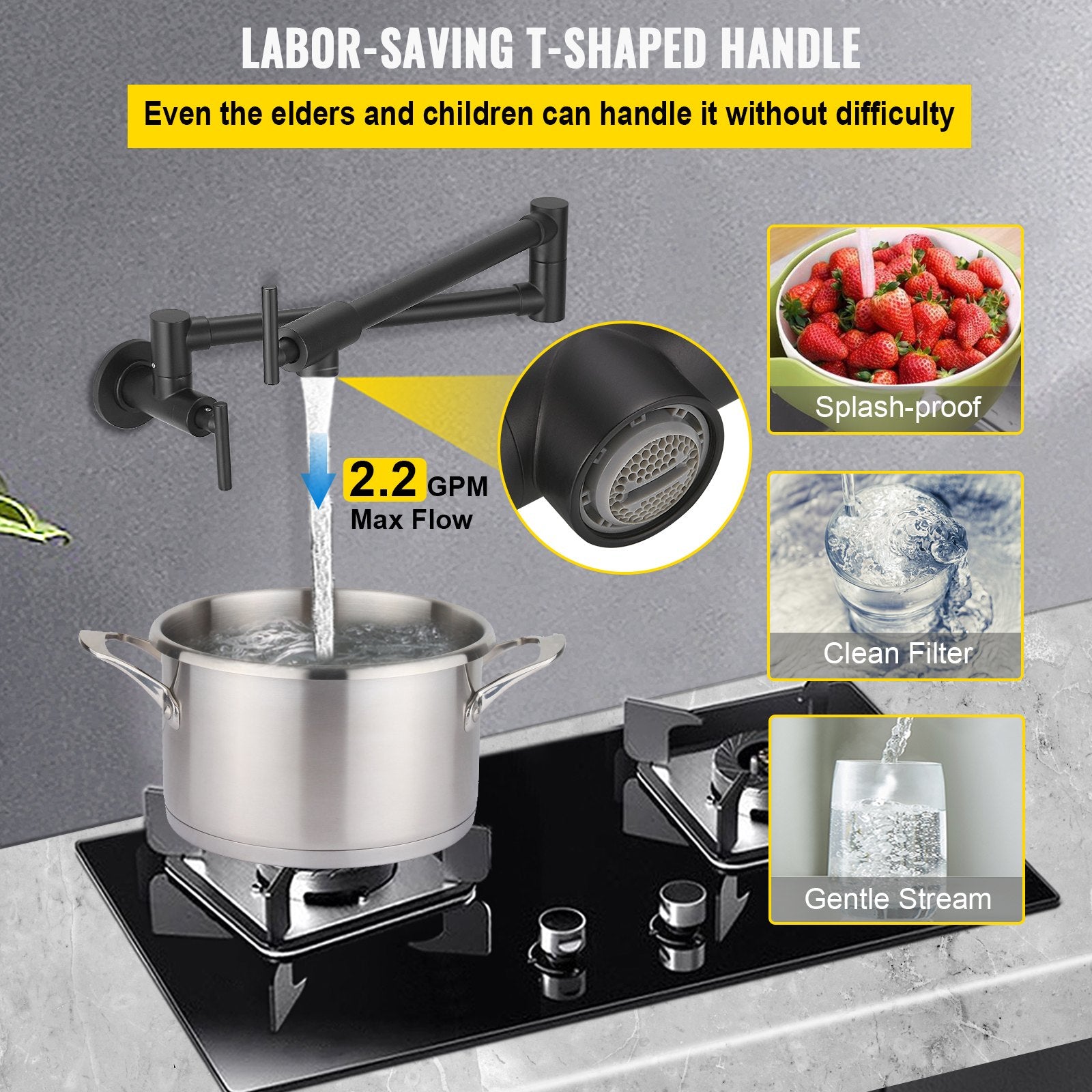 Commercial Wall Mount Pot Filler Faucet - 24.4" Matte Black Solid Brass, Folding Double Joint Swing Arm, 2 Handles, Easy Install, 2.2 GPM Flow Rate