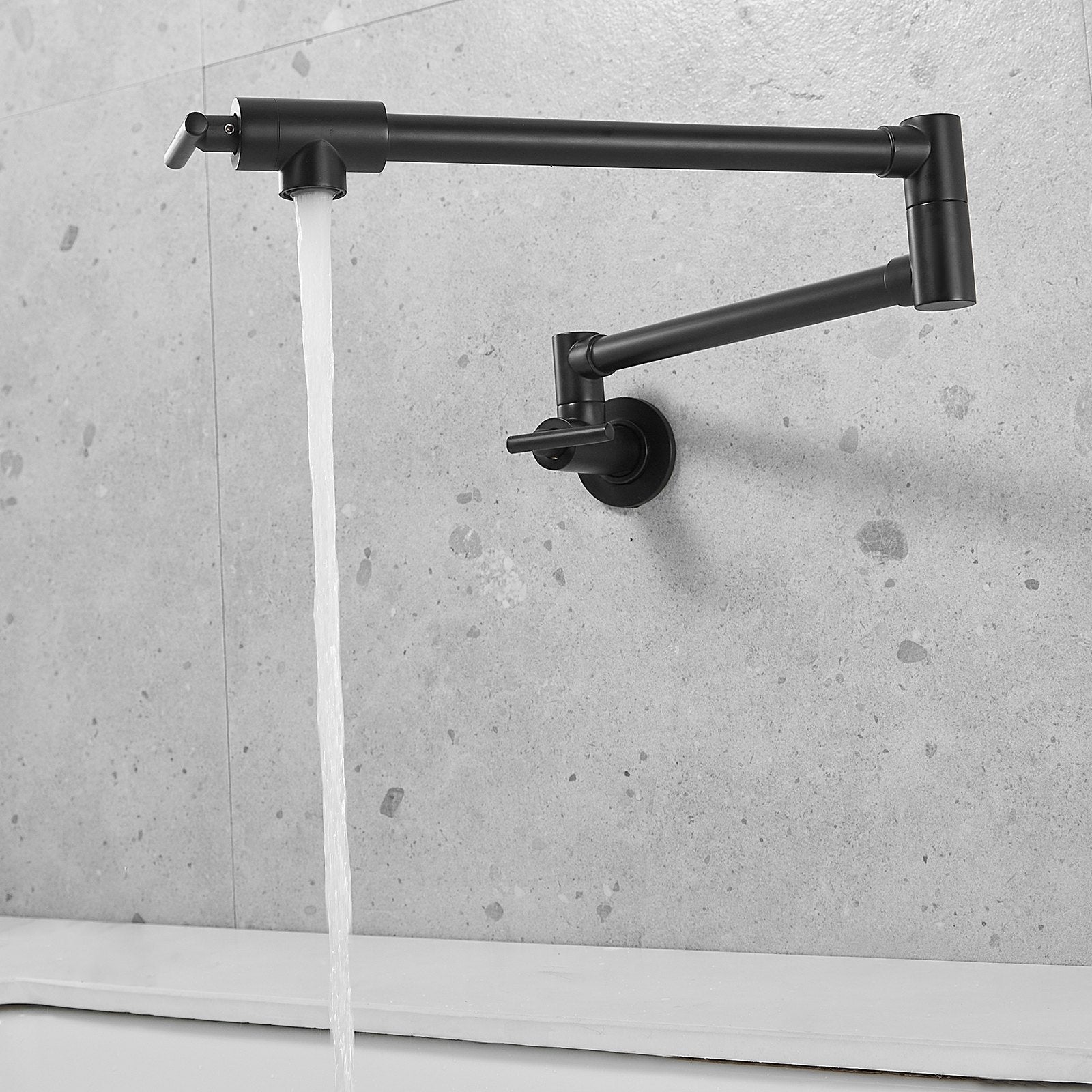 Commercial Wall Mount Pot Filler Faucet - 24.4" Matte Black Solid Brass, Folding Double Joint Swing Arm, 2 Handles, Easy Install, 2.2 GPM Flow Rate