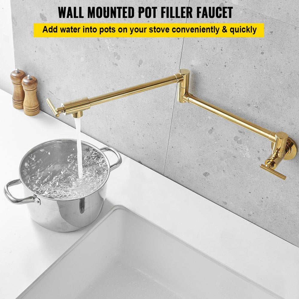 Wall Mounted Gold Finish Pot Filler Faucet with Double Joint Swing Arm, Solid Brass Construction, 2 Handles, and 24.4" Reach for Kitchen or Restaurant Use