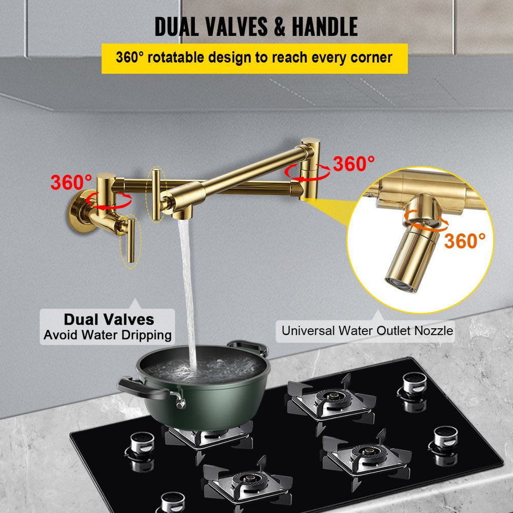 Wall Mounted Gold Finish Pot Filler Faucet with Double Joint Swing Arm, Solid Brass Construction, 2 Handles, and 24.4" Reach for Kitchen or Restaurant Use