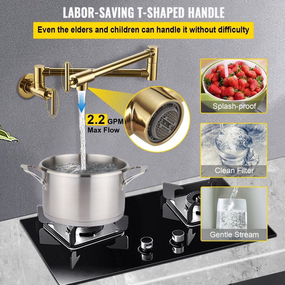 Wall Mounted Gold Finish Pot Filler Faucet with Double Joint Swing Arm, Solid Brass Construction, 2 Handles, and 24.4" Reach for Kitchen or Restaurant Use