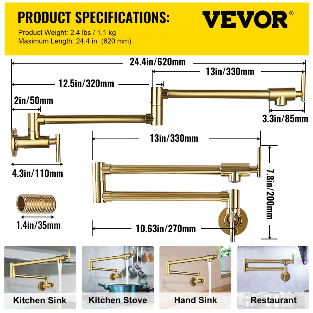 Wall Mounted Gold Finish Pot Filler Faucet with Double Joint Swing Arm, Solid Brass Construction, 2 Handles, and 24.4" Reach for Kitchen or Restaurant Use