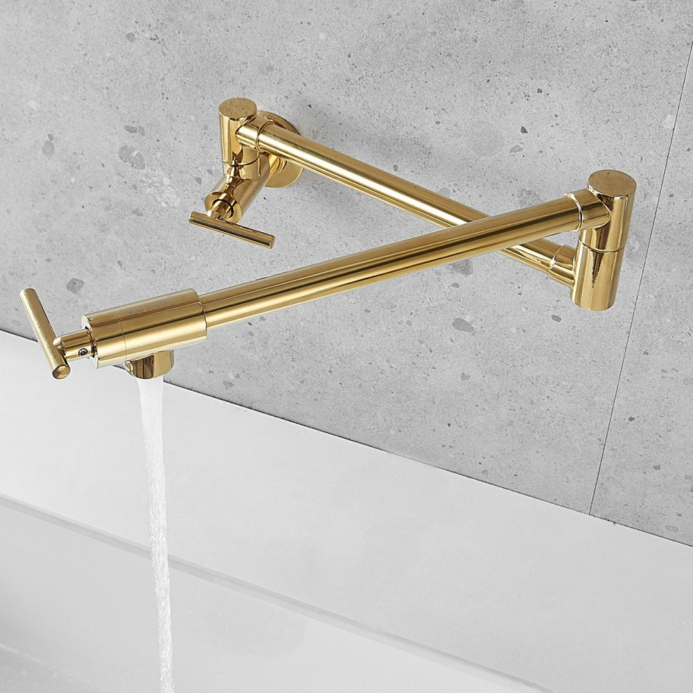 Wall Mounted Gold Finish Pot Filler Faucet with Double Joint Swing Arm, Solid Brass Construction, 2 Handles, and 24.4" Reach for Kitchen or Restaurant Use
