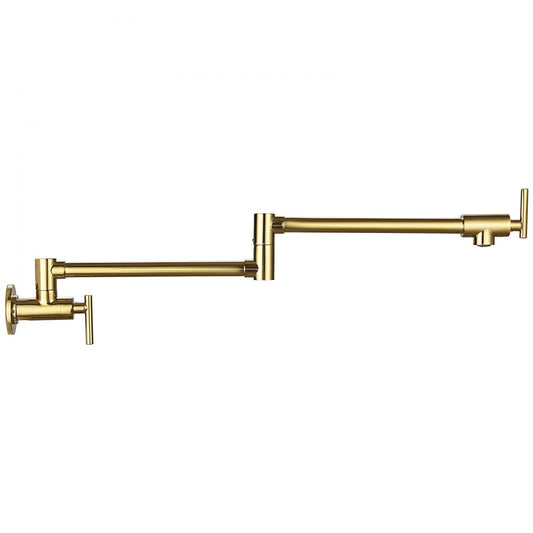Wall Mounted Gold Finish Pot Filler Faucet with Double Joint Swing Arm, Solid Brass Construction, 2 Handles, and 24.4" Reach for Kitchen or Restaurant Use