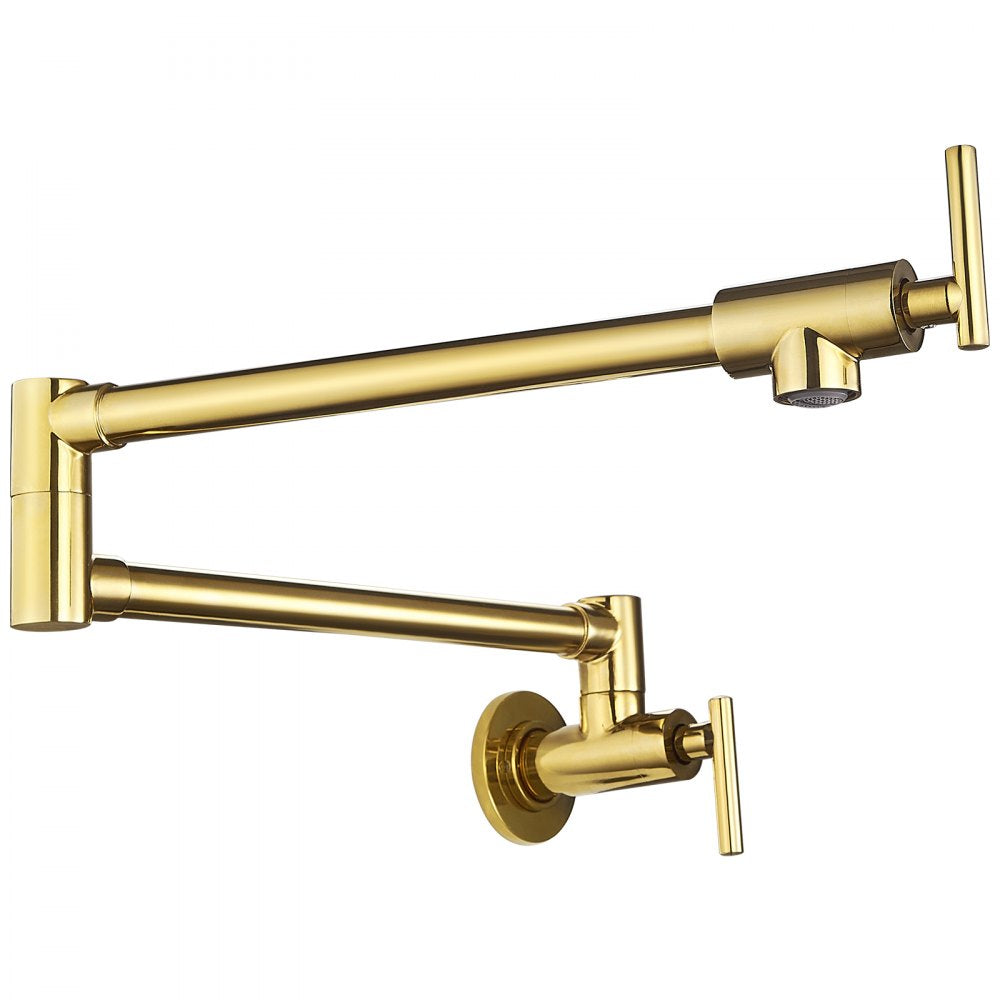 Wall Mounted Gold Finish Pot Filler Faucet with Double Joint Swing Arm, Solid Brass Construction, 2 Handles, and 24.4" Reach for Kitchen or Restaurant Use