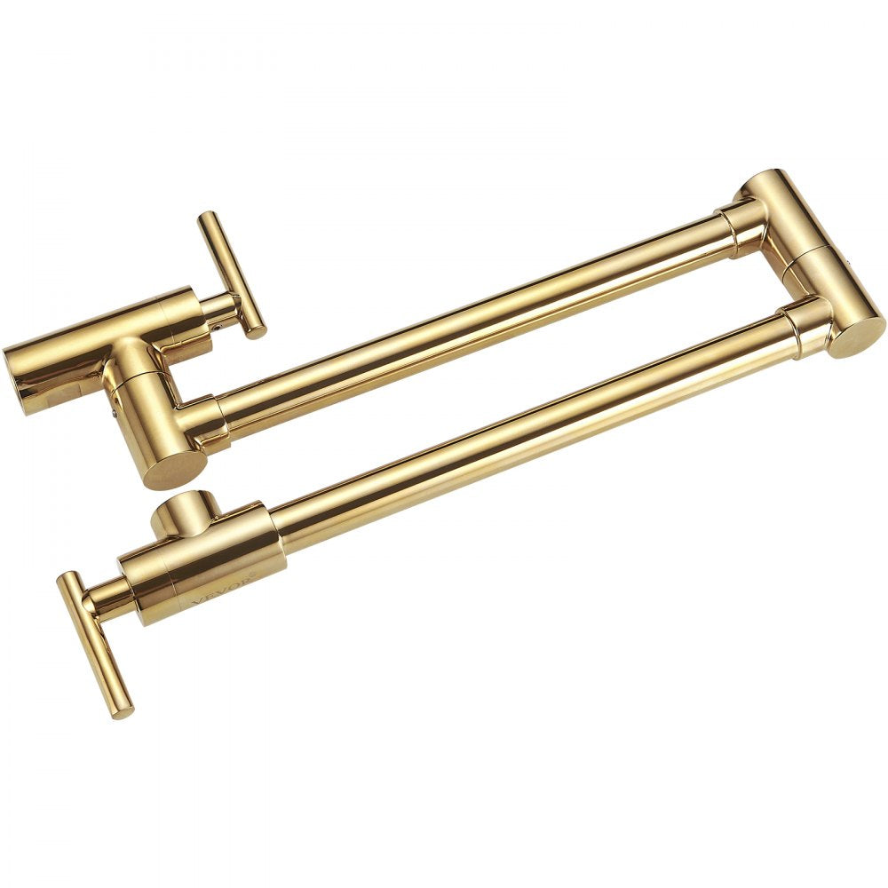 Wall Mounted Gold Finish Pot Filler Faucet with Double Joint Swing Arm, Solid Brass Construction, 2 Handles, and 24.4" Reach for Kitchen or Restaurant Use