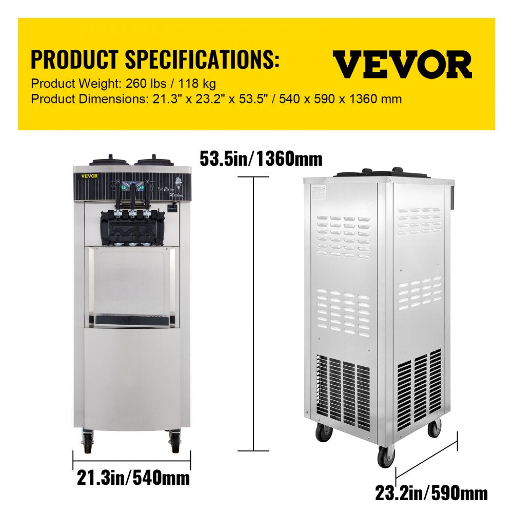 VEVOR 2200W Commercial Soft Ice Cream Machine 3 Flavors 5.3 to 7.4Gallons per Hour Auto Clean LED Panel Perfect for Restaurants Snack Bar supermarkets