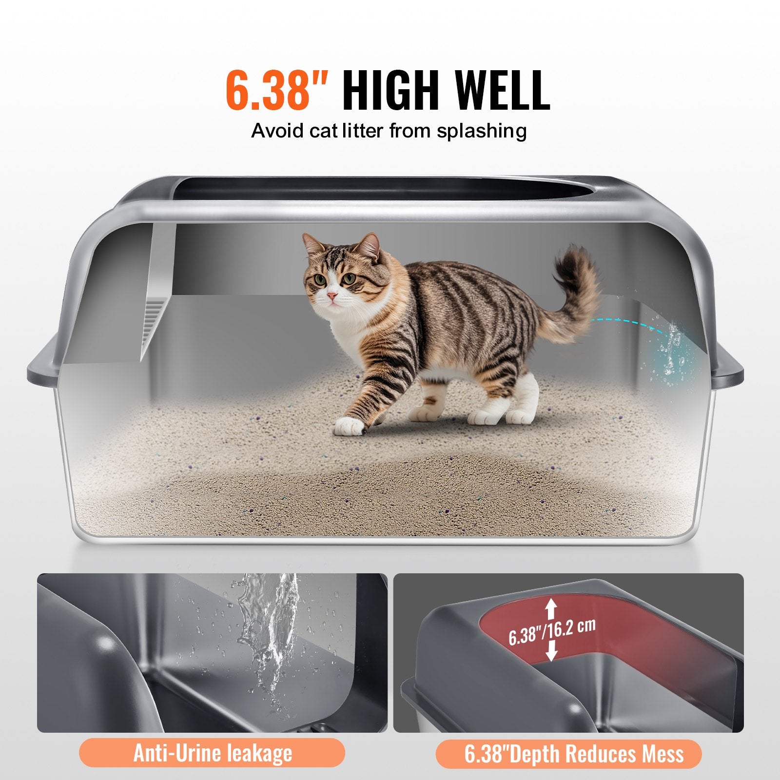 XL Stainless Steel Cat Litter Box with Scoop, Deep Pan, High Sides, Odor-Free, Easy Clean for Large Cats, Enclosed & Spacious