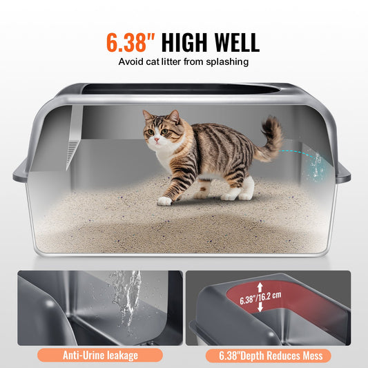XL Stainless Steel Cat Litter Box with Scoop, Deep Pan, High Sides, Odor-Free, Easy Clean for Large Cats, Enclosed & Spacious
