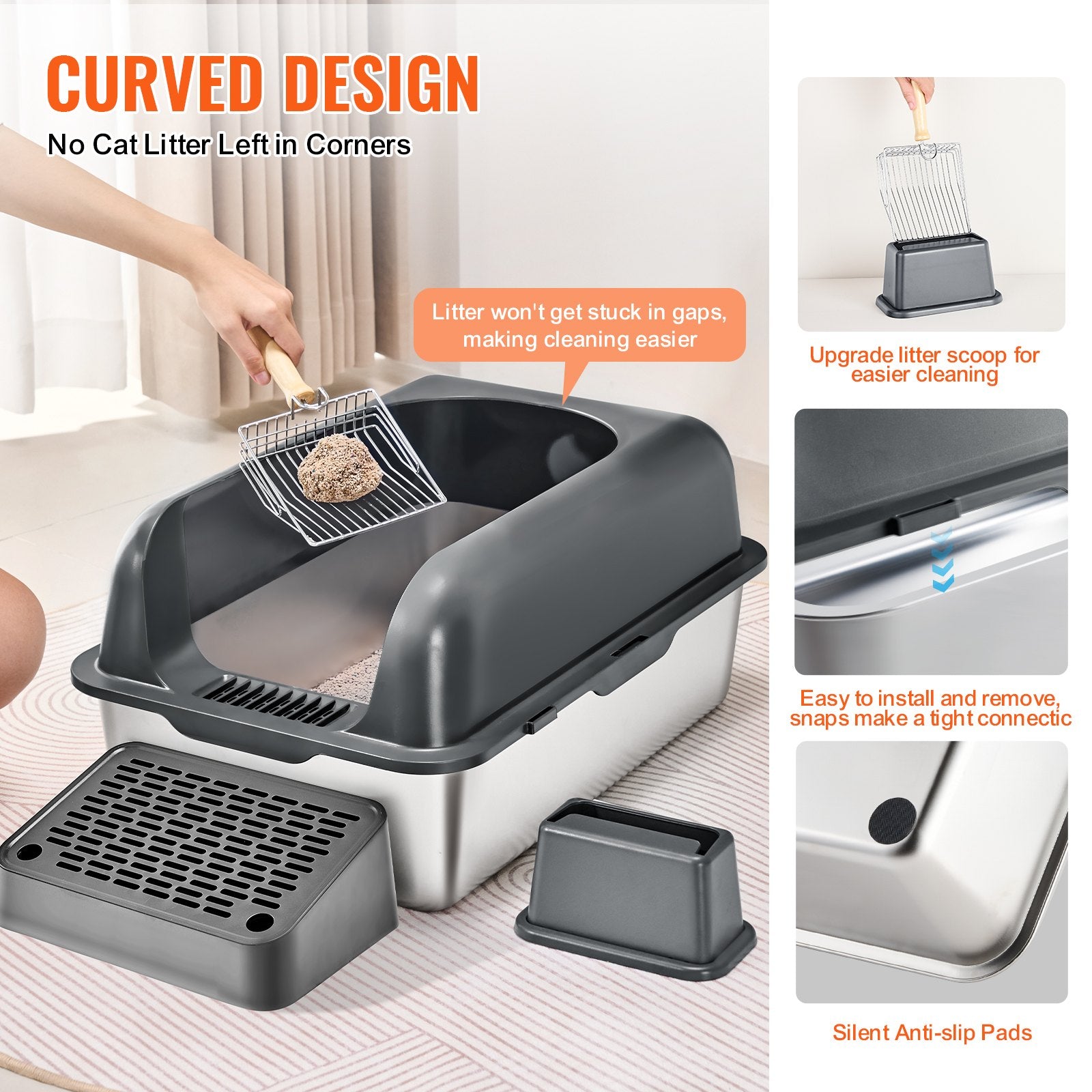 XL Stainless Steel Cat Litter Box with Scoop, Deep Pan, High Sides, Odor-Free, Easy Clean for Large Cats, Enclosed & Spacious