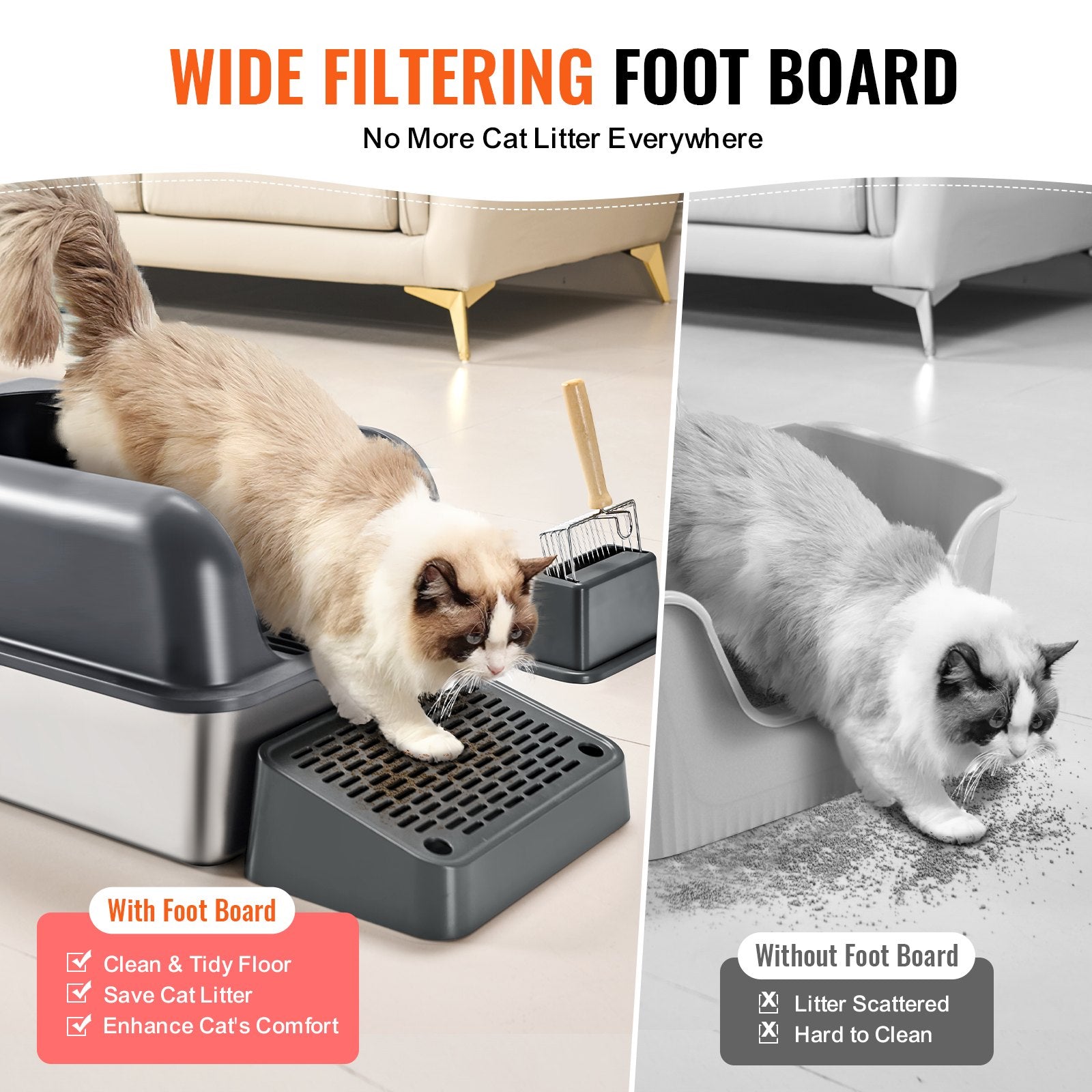 XL Stainless Steel Cat Litter Box with Scoop, Deep Pan, High Sides, Odor-Free, Easy Clean for Large Cats, Enclosed & Spacious