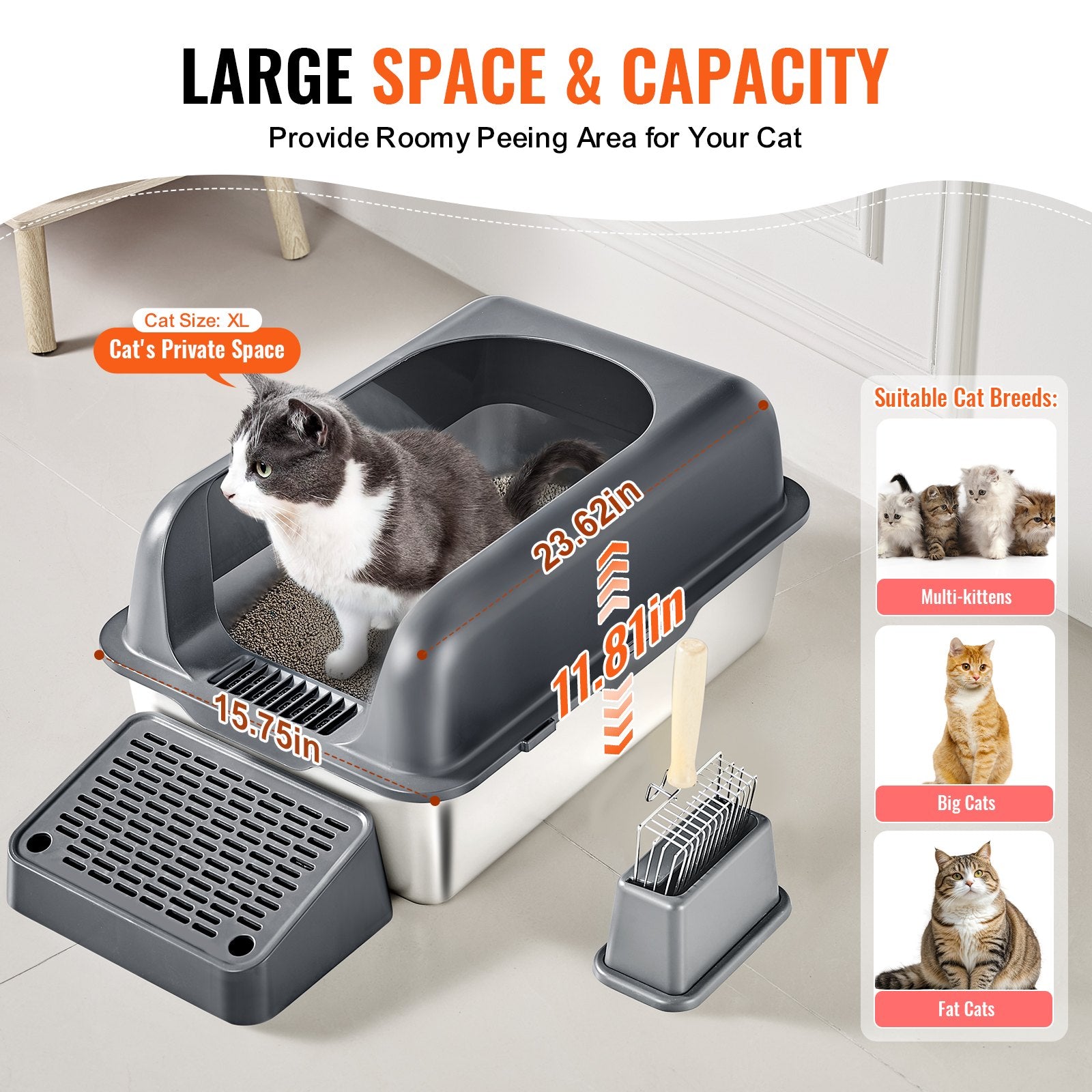 XL Stainless Steel Cat Litter Box with Scoop, Deep Pan, High Sides, Odor-Free, Easy Clean for Large Cats, Enclosed & Spacious