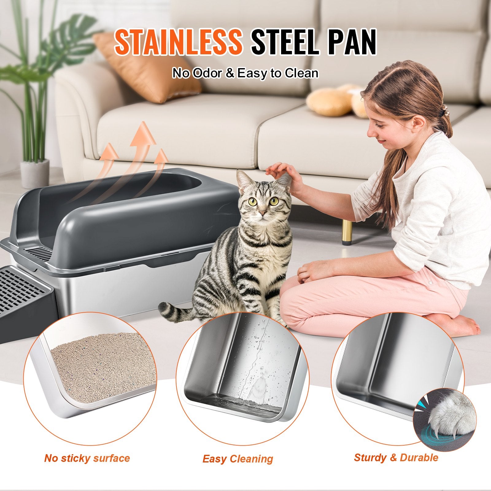 XL Stainless Steel Cat Litter Box with Scoop, Deep Pan, High Sides, Odor-Free, Easy Clean for Large Cats, Enclosed & Spacious