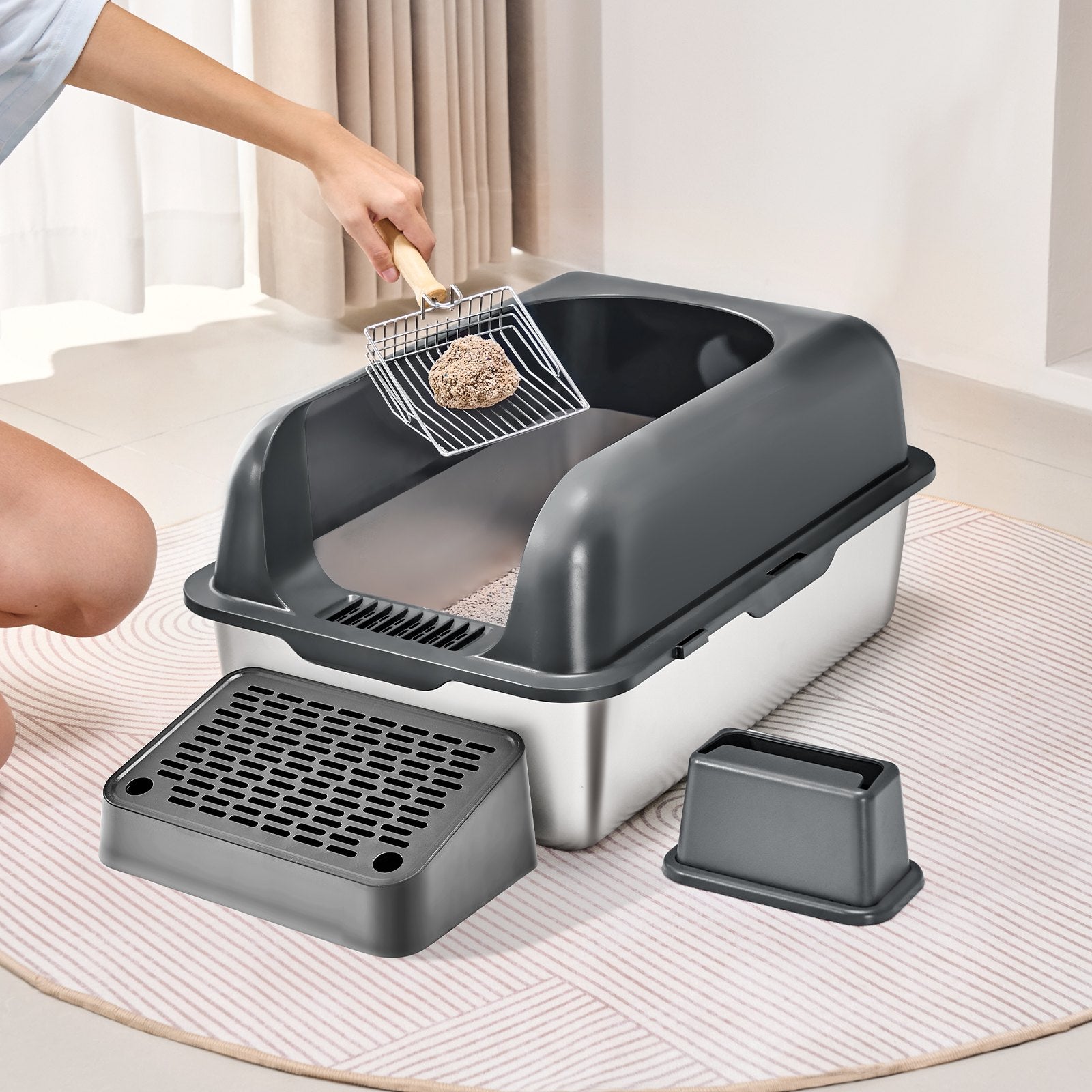 XL Stainless Steel Cat Litter Box with Scoop, Deep Pan, High Sides, Odor-Free, Easy Clean for Large Cats, Enclosed & Spacious