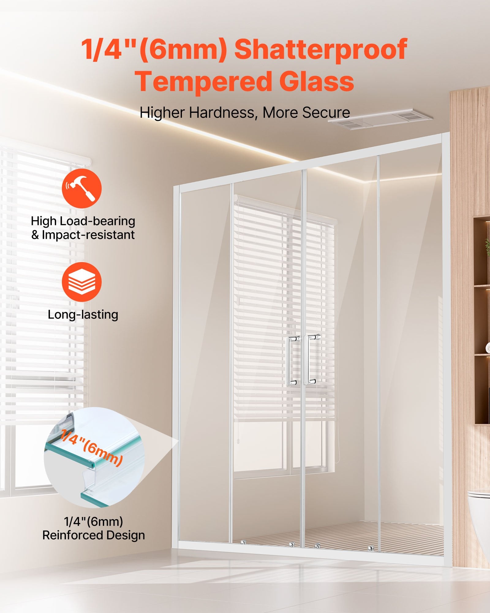 Chrome Semi-Frameless Double Sliding Shower Door, 58-59x70 in, Clear Tempered Glass, Waterproof, Stainproof, Stainless Steel Hardware