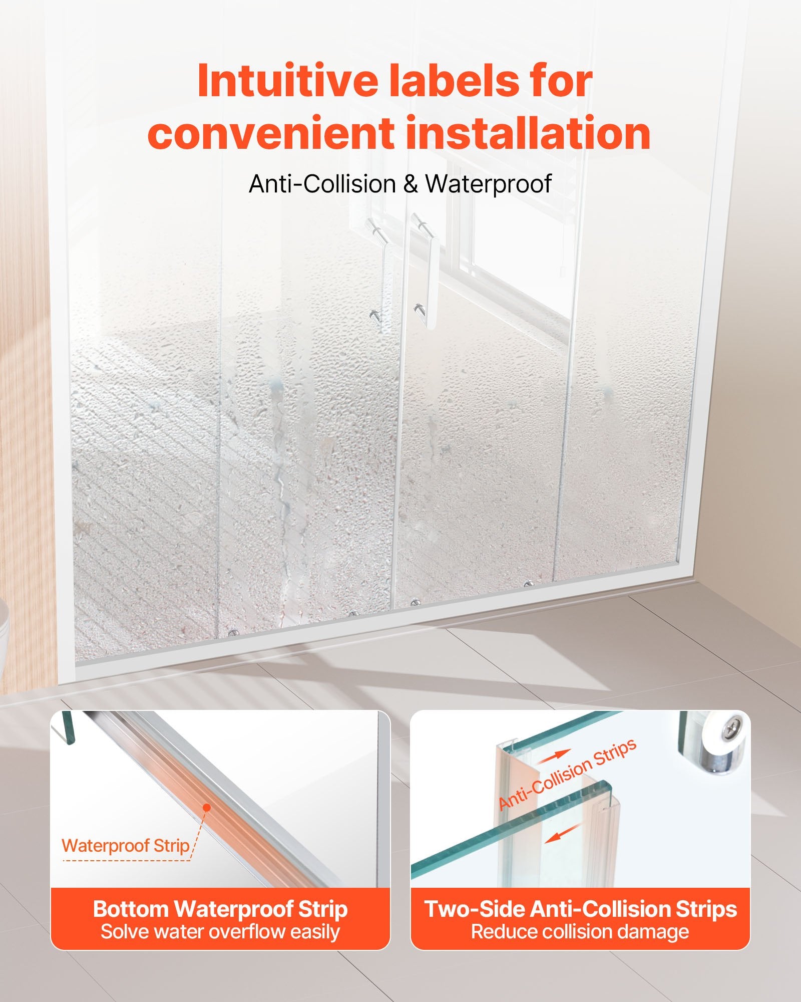 Chrome Semi-Frameless Double Sliding Shower Door, 58-59x70 in, Clear Tempered Glass, Waterproof, Stainproof, Stainless Steel Hardware