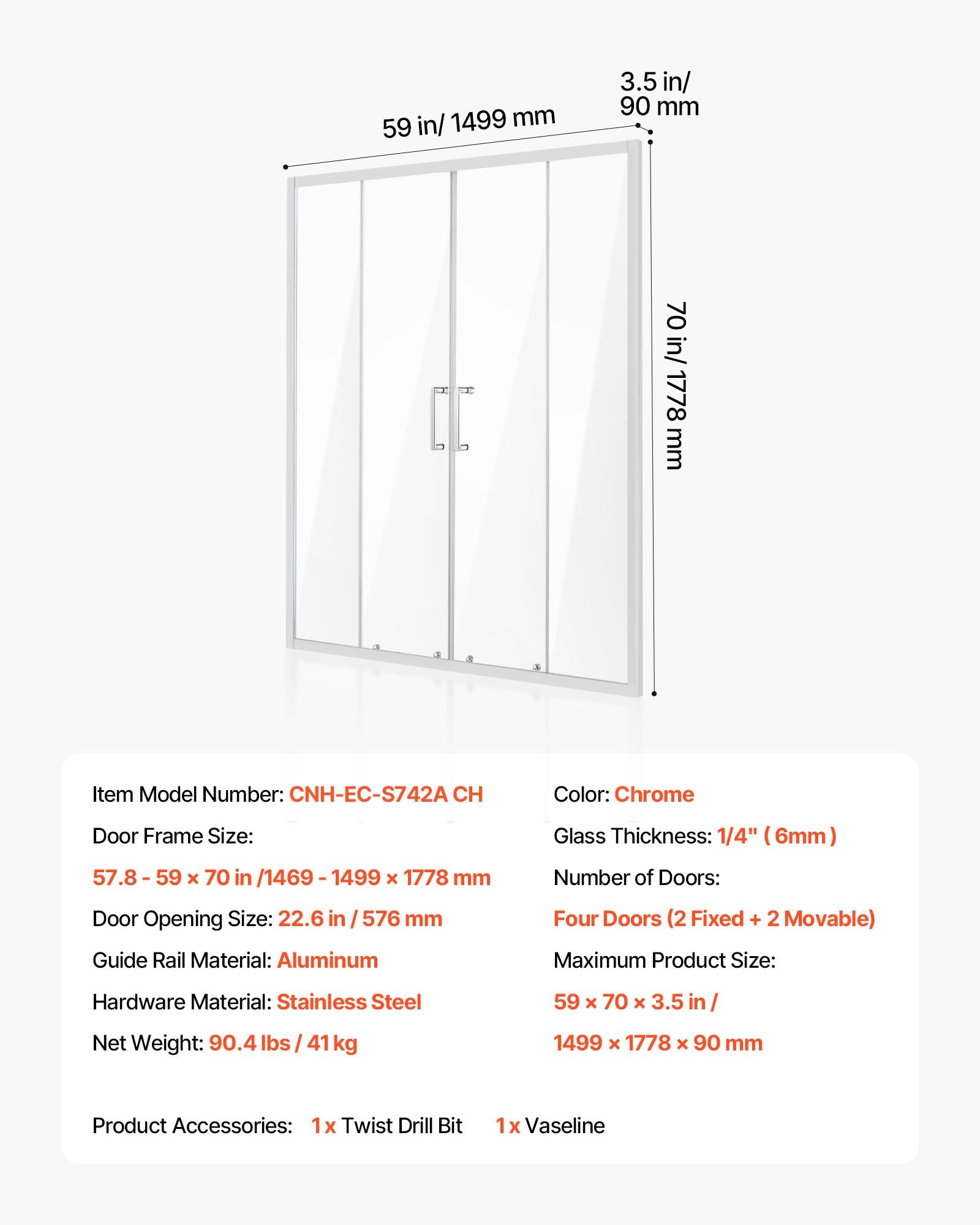 Chrome Semi-Frameless Double Sliding Shower Door, 58-59x70 in, Clear Tempered Glass, Waterproof, Stainproof, Stainless Steel Hardware