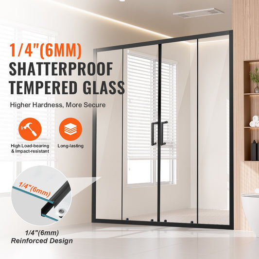 Matte Black Semi-Frameless Shower Door, Double Sliding Glass with Clear Tempered Glass, Waterproof & Stainproof, Stainless Steel Hardware