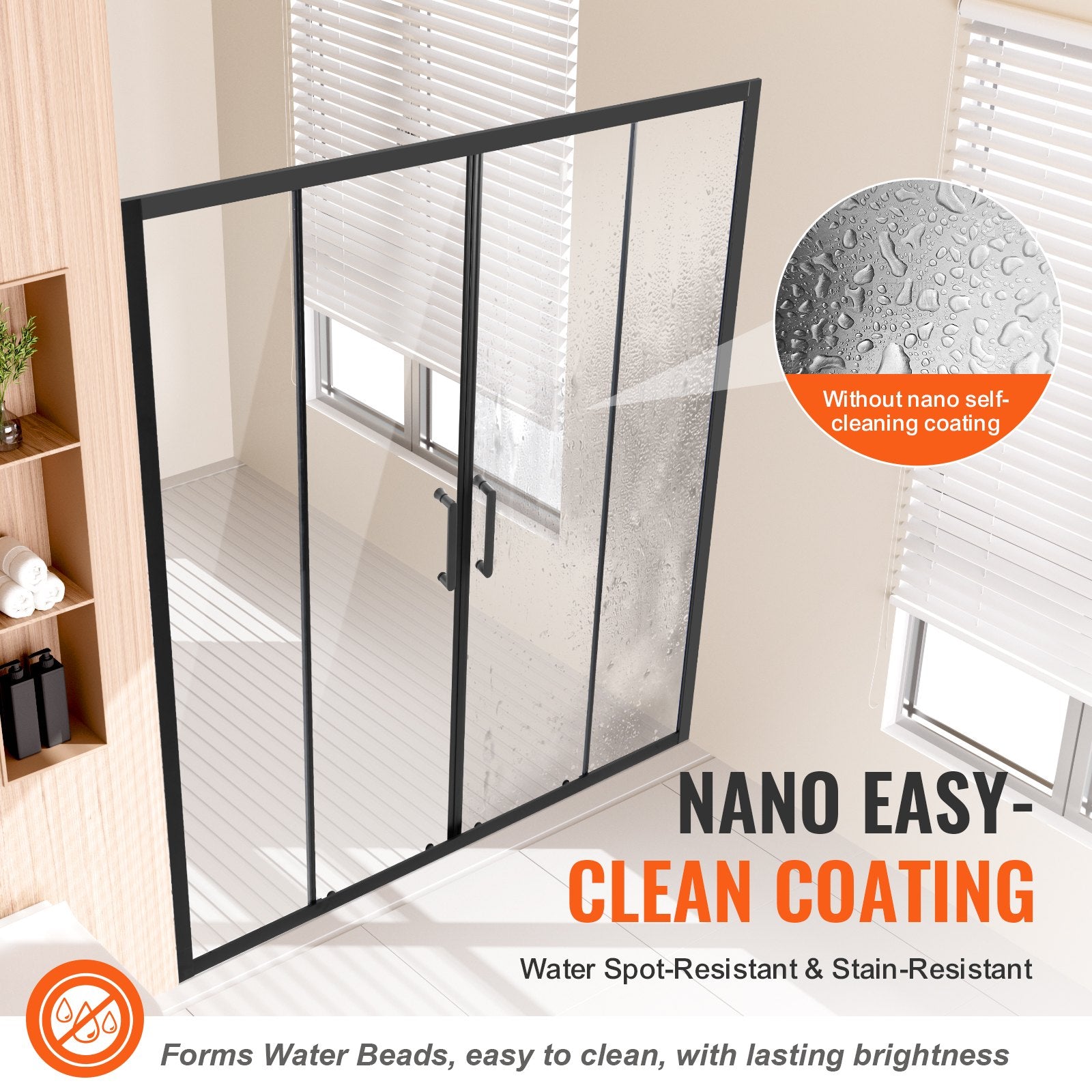Matte Black Semi-Frameless Shower Door, Double Sliding Glass with Clear Tempered Glass, Waterproof & Stainproof, Stainless Steel Hardware