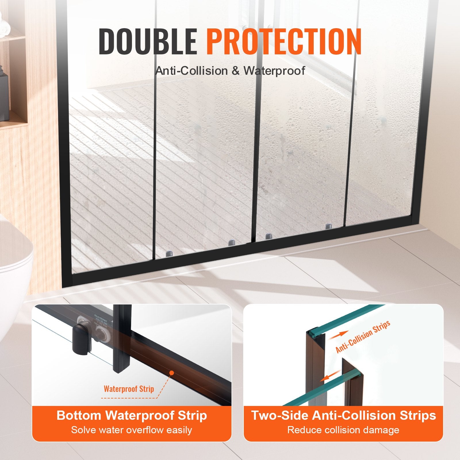 Matte Black Semi-Frameless Shower Door, Double Sliding Glass with Clear Tempered Glass, Waterproof & Stainproof, Stainless Steel Hardware