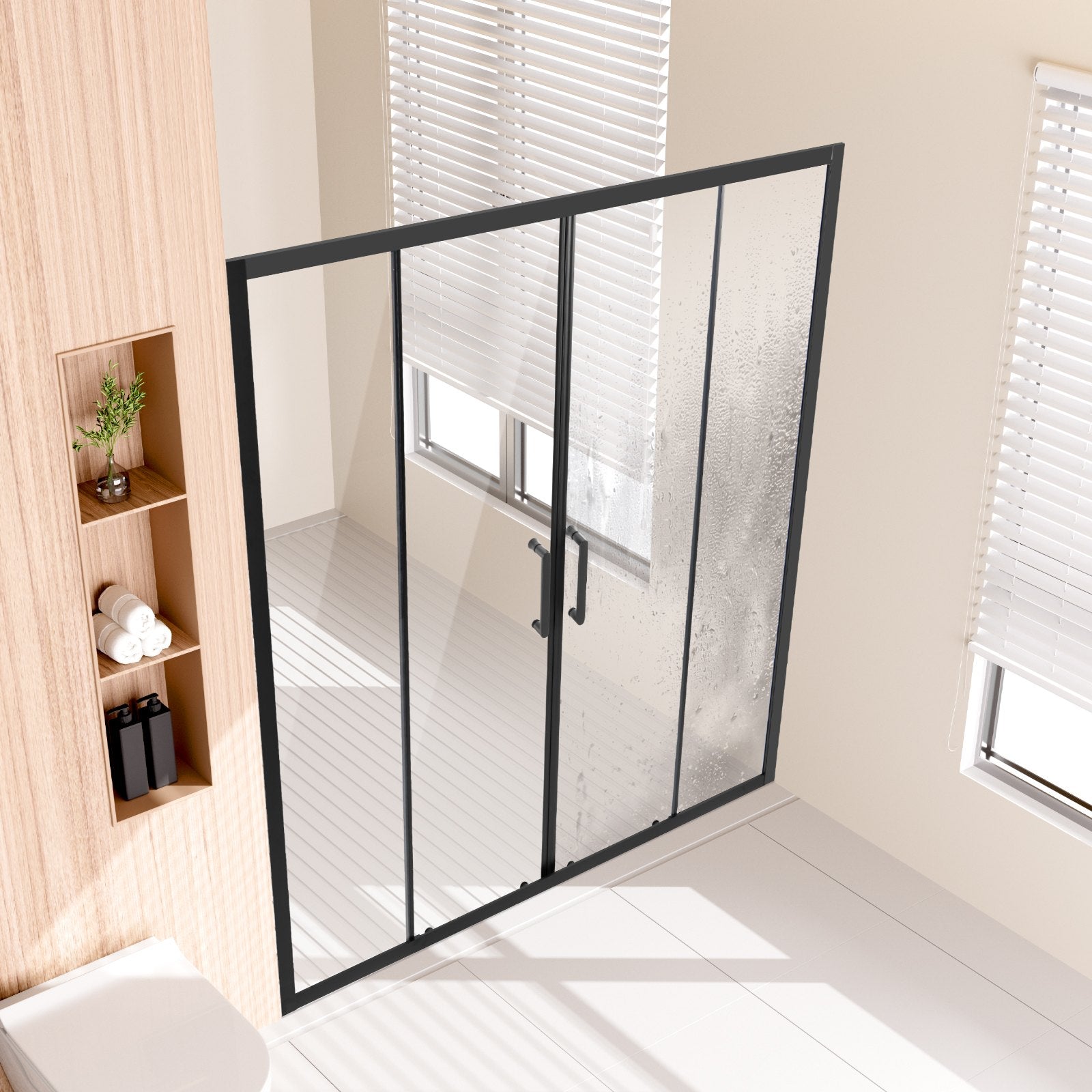Matte Black Semi-Frameless Shower Door, Double Sliding Glass with Clear Tempered Glass, Waterproof & Stainproof, Stainless Steel Hardware