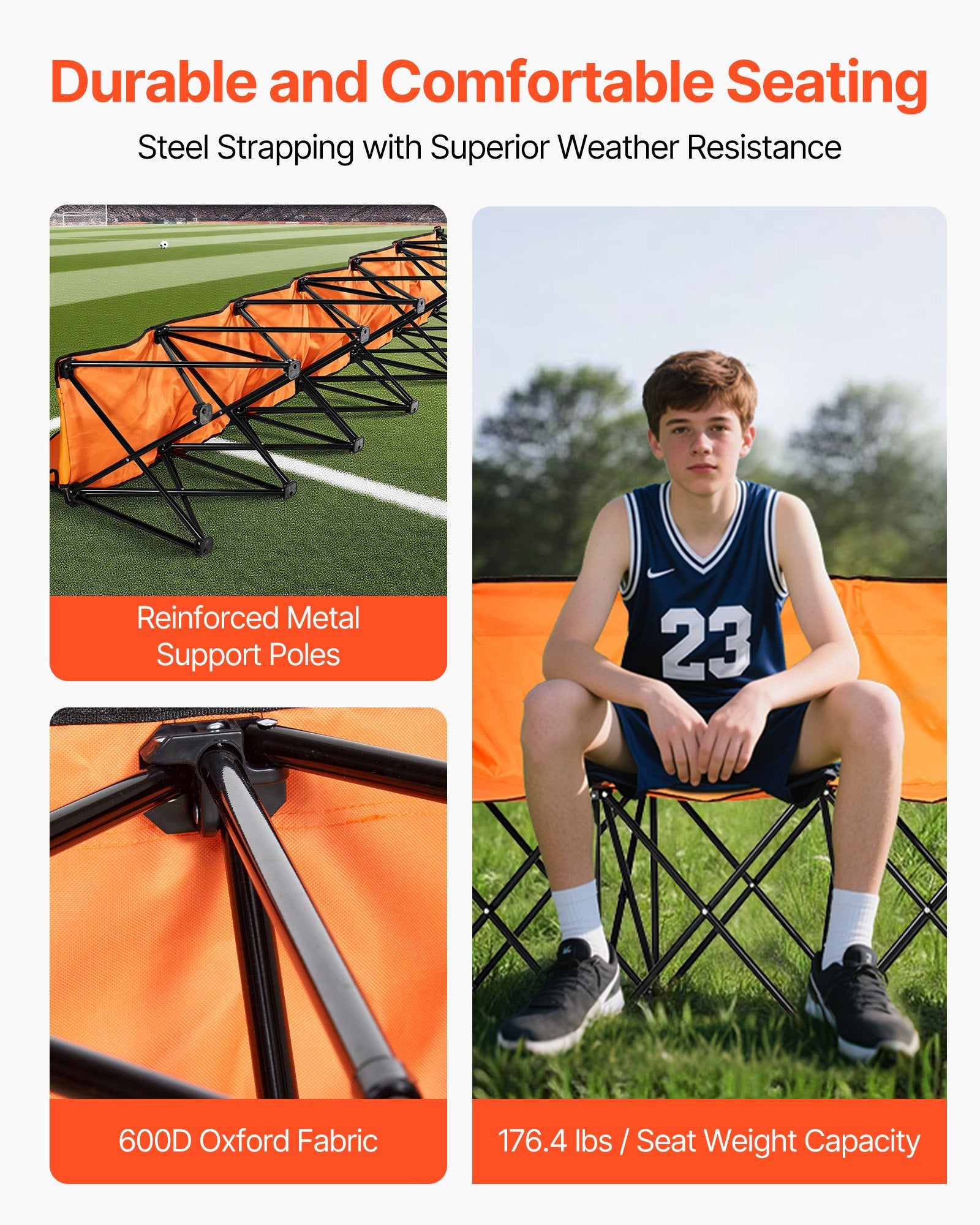 6-Seat Portable Folding Bench with Backrest and Side Pockets, Lightweight Soccer Sideline Seating for Outdoor Sports, Camping, Orange