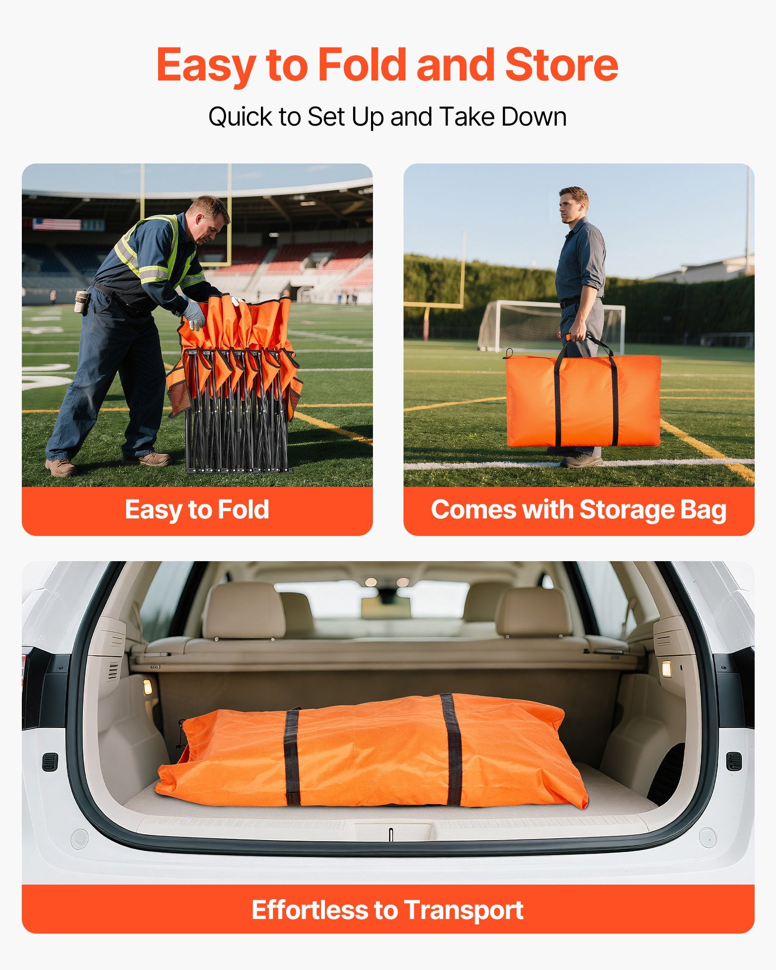 6-Seat Portable Folding Bench with Backrest and Side Pockets, Lightweight Soccer Sideline Seating for Outdoor Sports, Camping, Orange