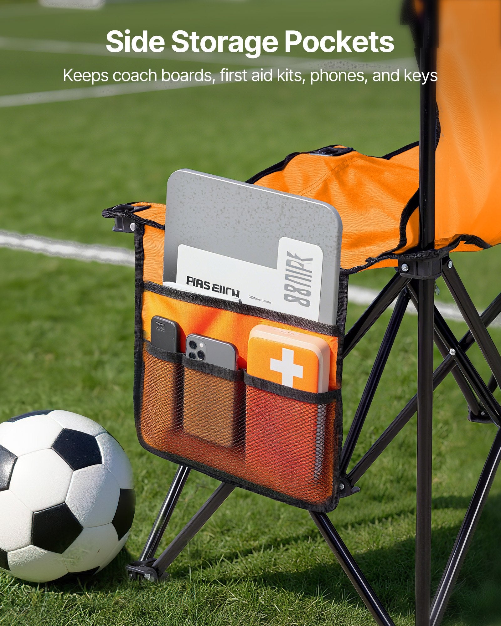 6-Seat Portable Folding Bench with Backrest and Side Pockets, Lightweight Soccer Sideline Seating for Outdoor Sports, Camping, Orange