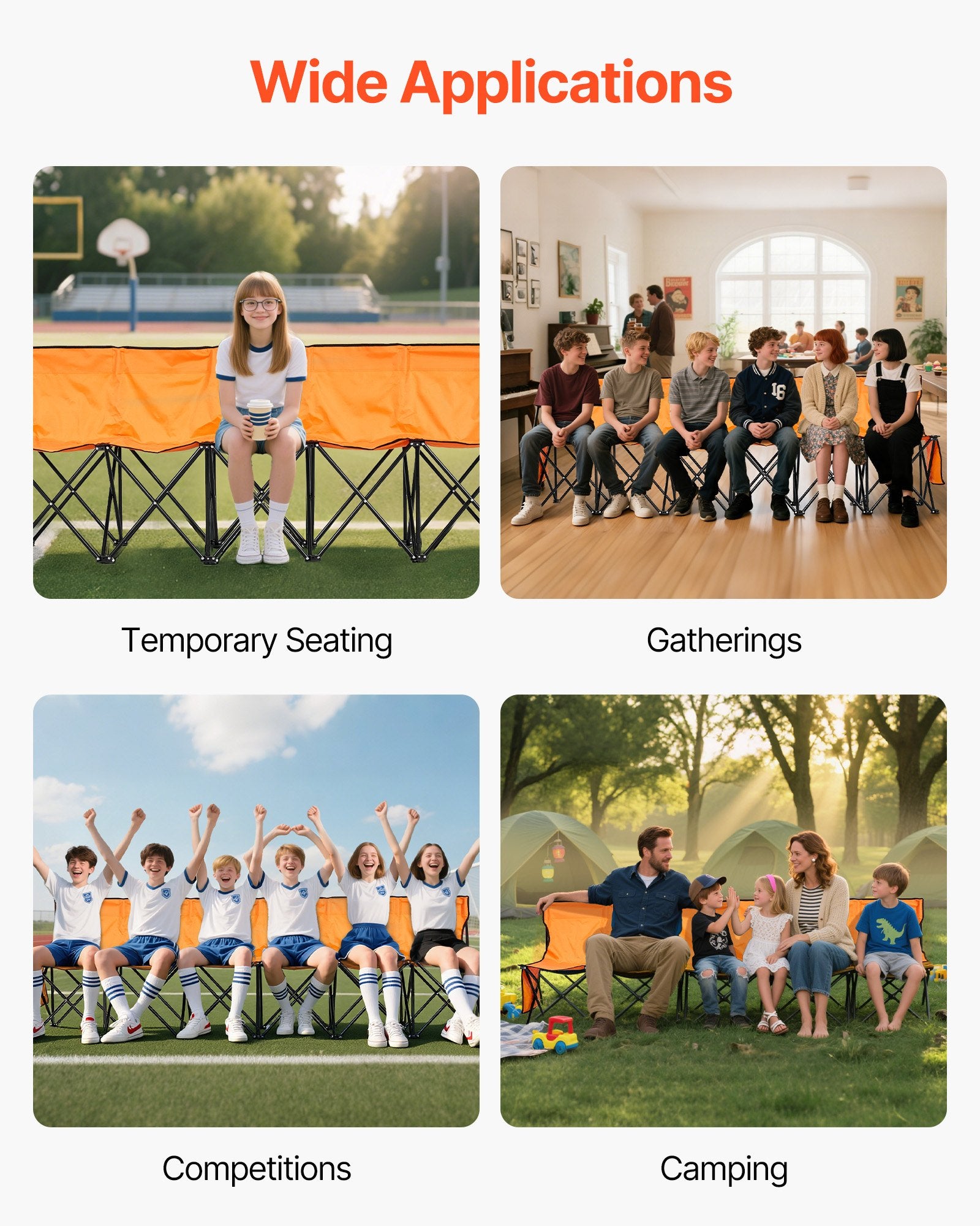 6-Seat Portable Folding Bench with Backrest and Side Pockets, Lightweight Soccer Sideline Seating for Outdoor Sports, Camping, Orange