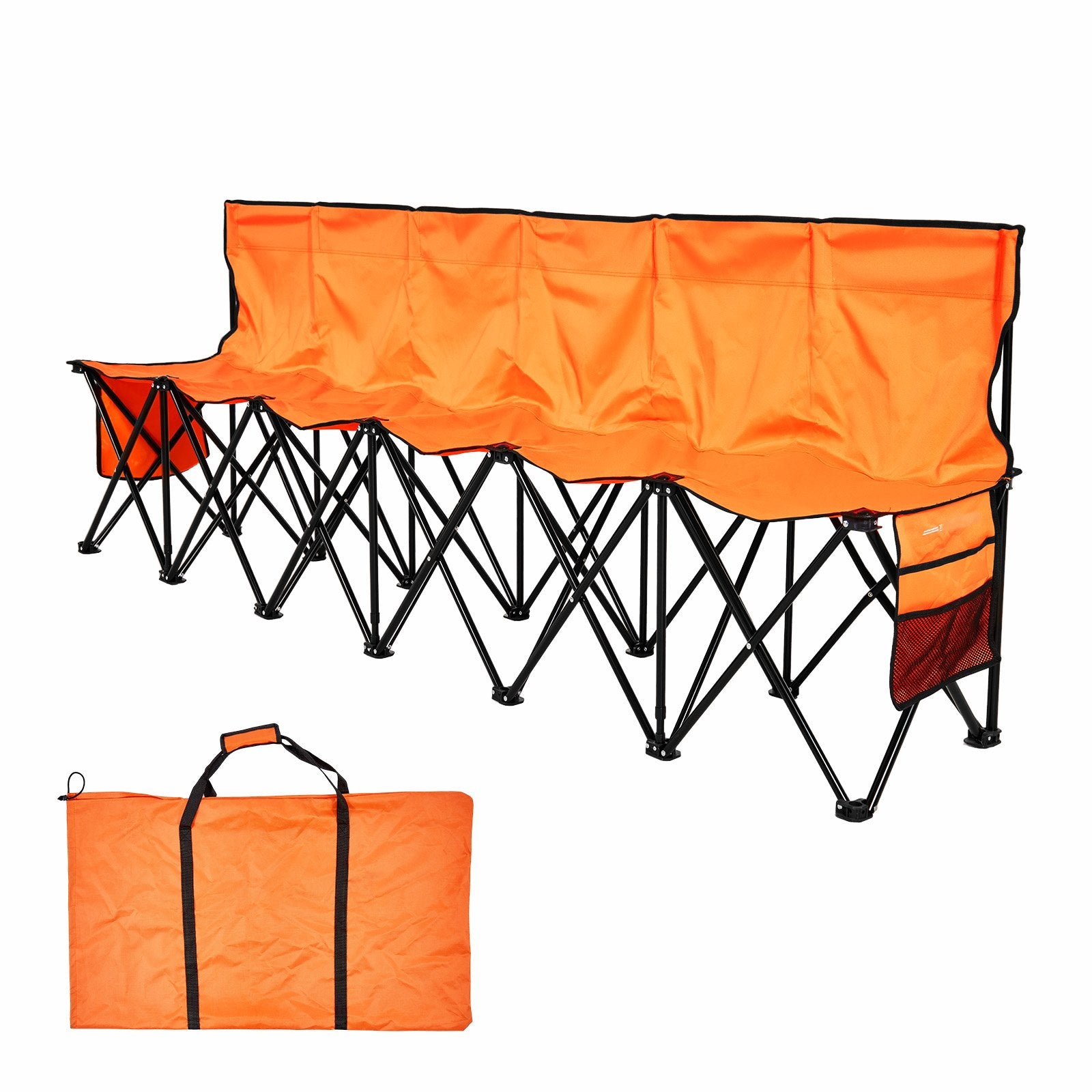 6-Seat Portable Folding Bench with Backrest and Side Pockets, Lightweight Soccer Sideline Seating for Outdoor Sports, Camping, Orange