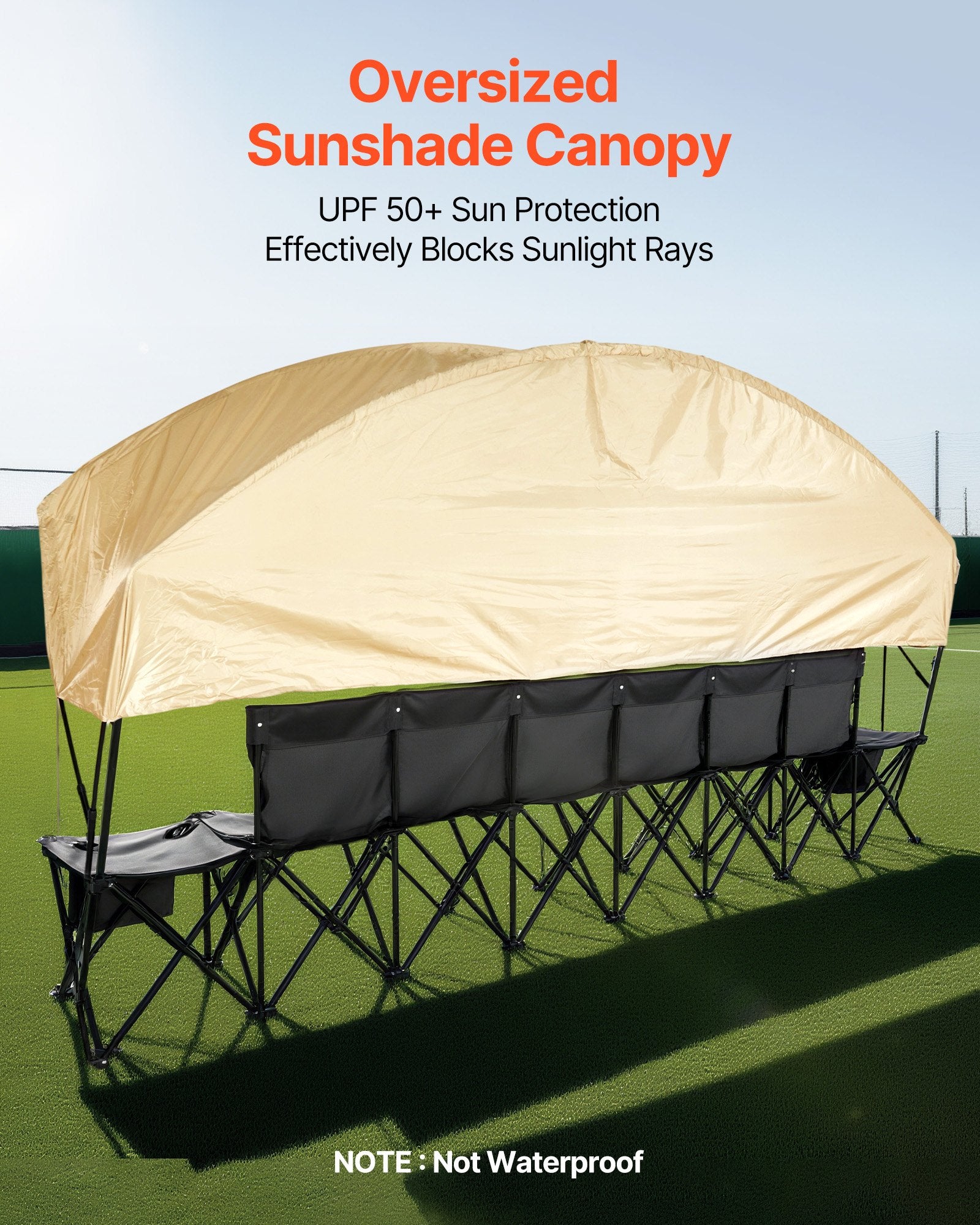 Portable 6-Seat Folding Soccer Bench with Storage, Cup Holders, Sunshade & Carry Bag - Lightweight Sideline Seating for Sports & Outdoor Events, Black