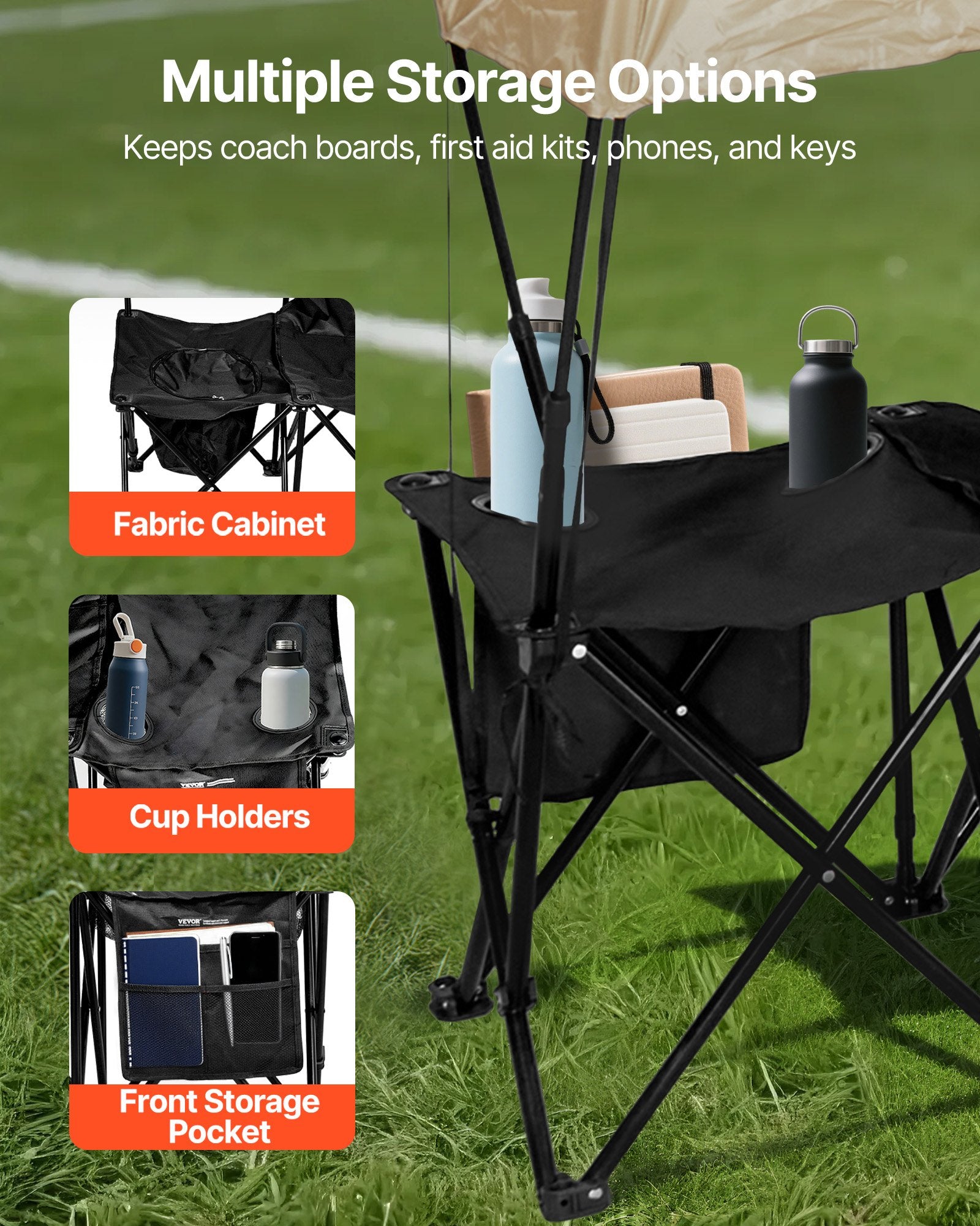 Portable 6-Seat Folding Soccer Bench with Storage, Cup Holders, Sunshade & Carry Bag - Lightweight Sideline Seating for Sports & Outdoor Events, Black