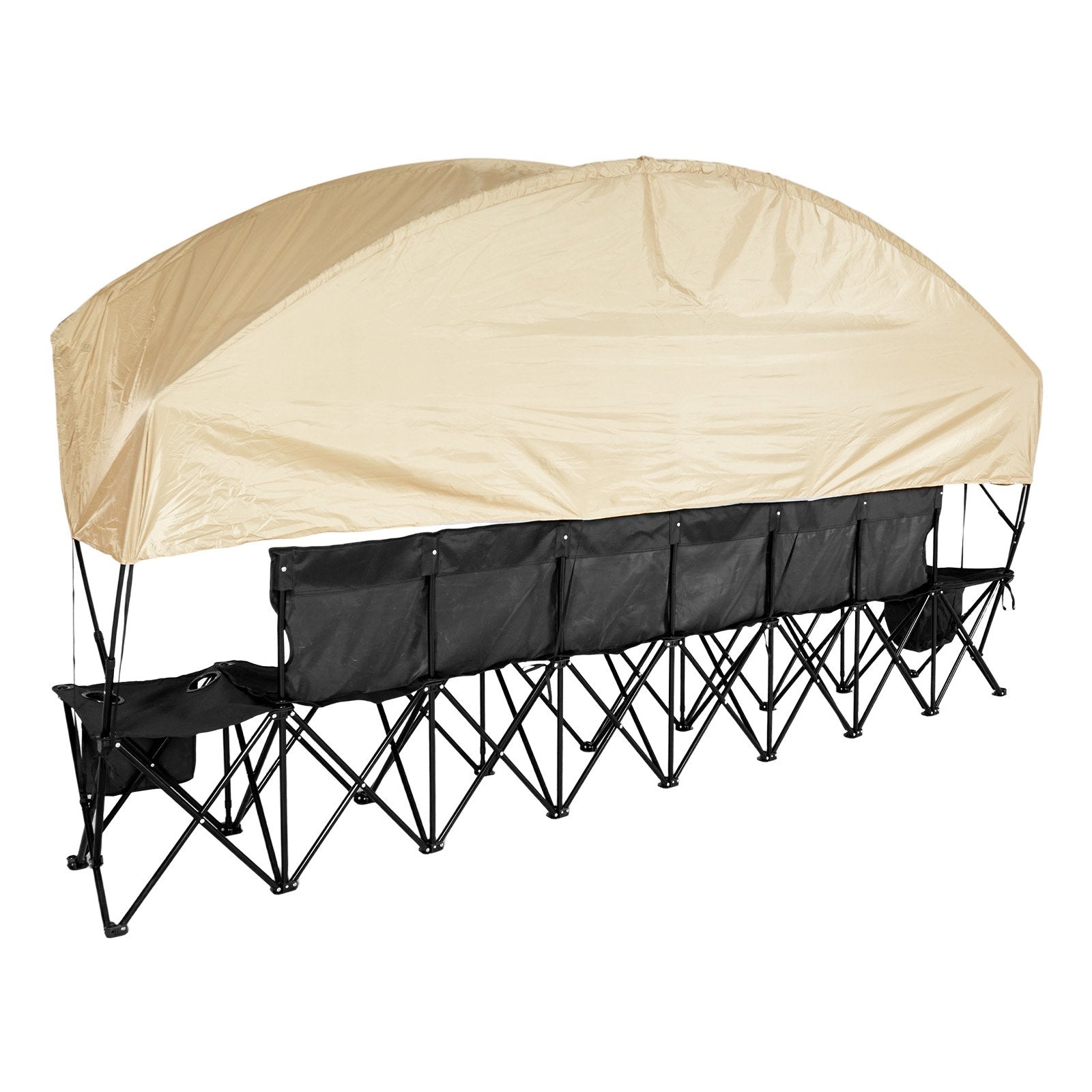 Portable 6-Seat Folding Soccer Bench with Storage, Cup Holders, Sunshade & Carry Bag - Lightweight Sideline Seating for Sports & Outdoor Events, Black