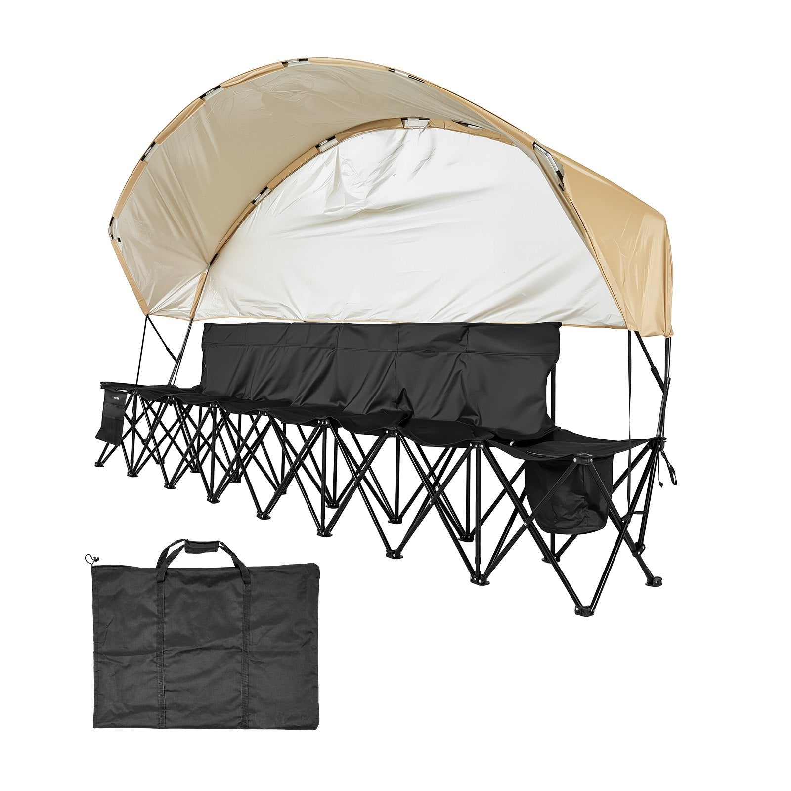 Portable 6-Seat Folding Soccer Bench with Storage, Cup Holders, Sunshade & Carry Bag - Lightweight Sideline Seating for Sports & Outdoor Events, Black