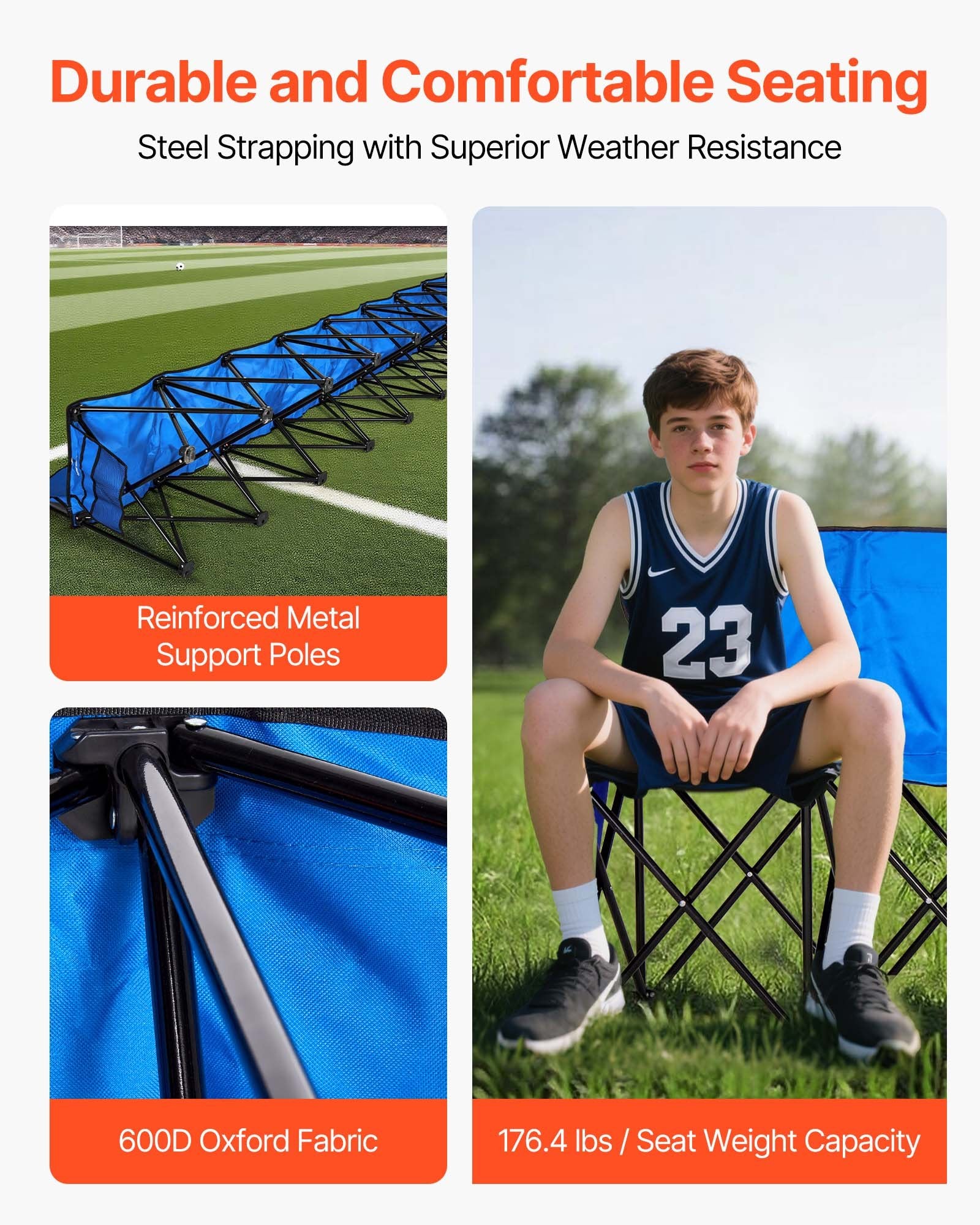 8-Seat Portable Folding Bench with Backrest & Side Pockets, Lightweight for Soccer, Football, Baseball, Camping, Outdoor Events - Blue, Easy Storage & Carry Bag Included